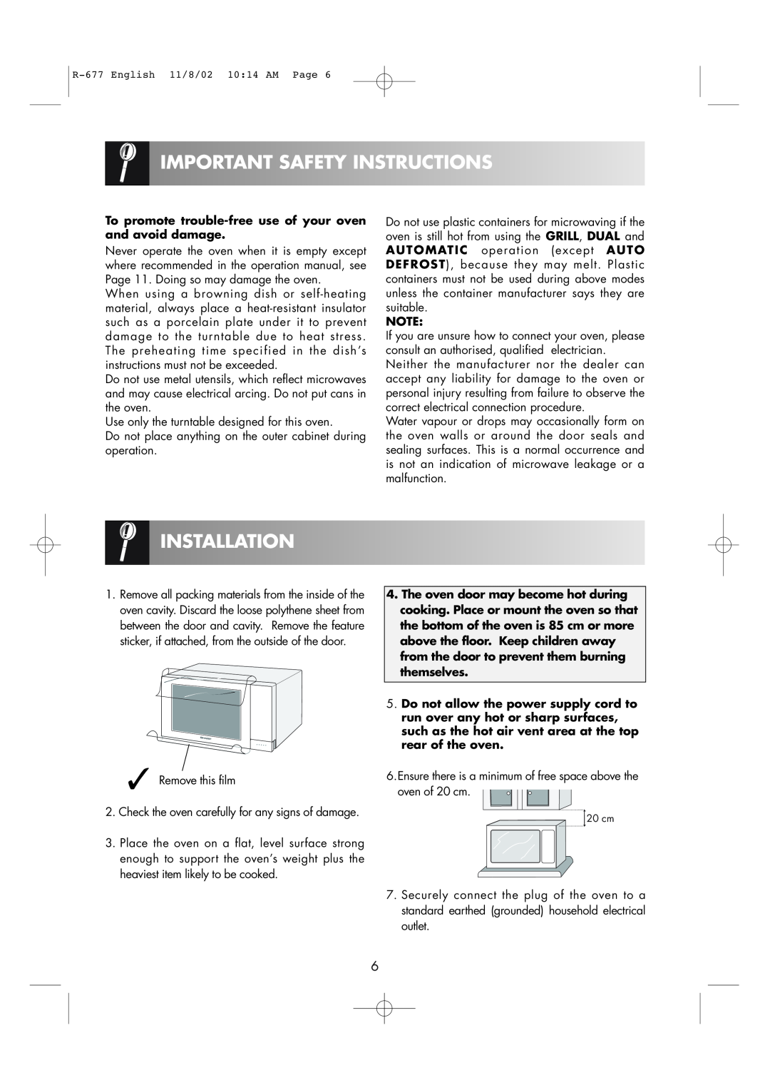 Sharp R-677F operation manual Installation, Important Safety Instructions 
