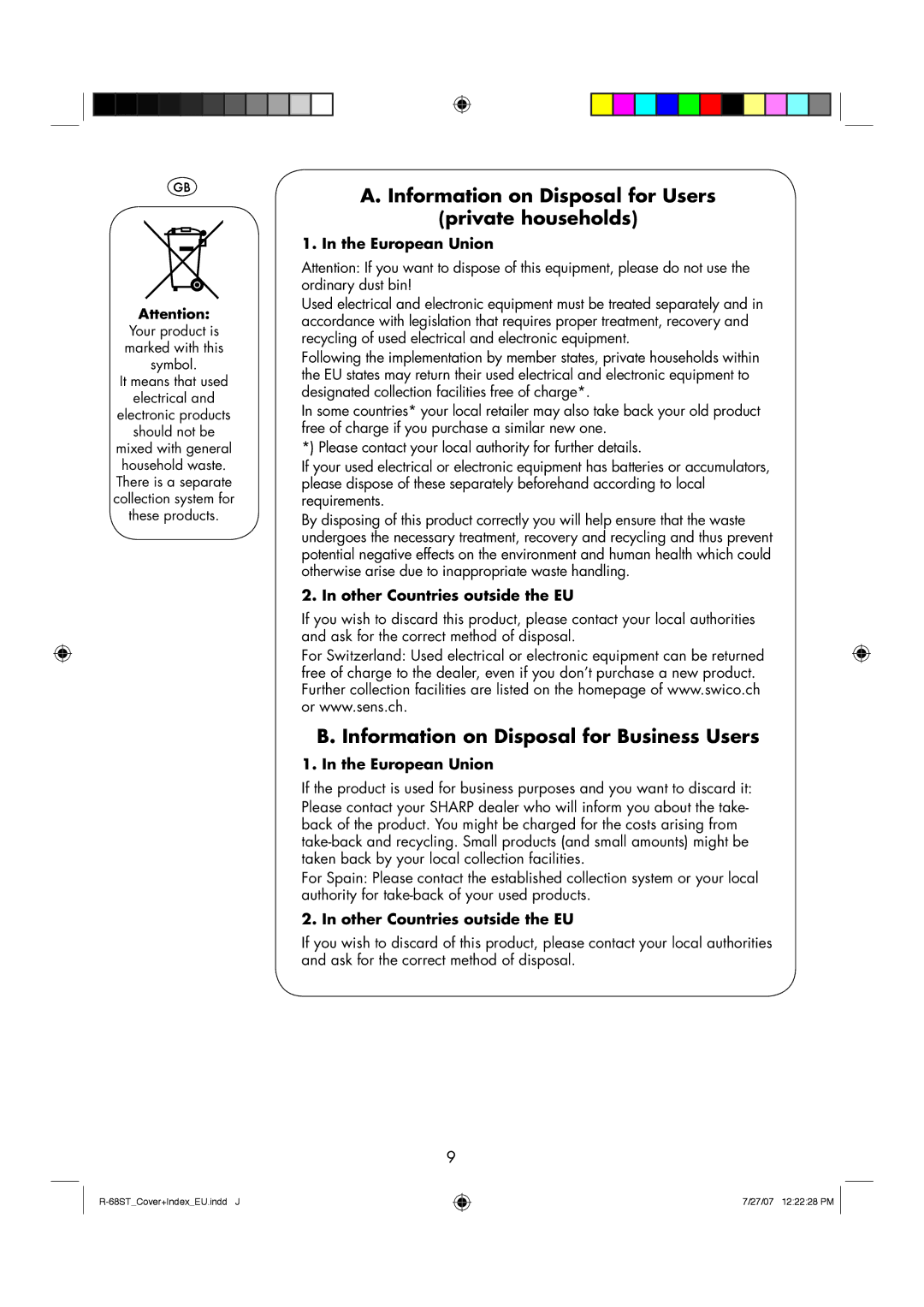 Sharp R-68ST manual Information on Disposal for Users Private households 