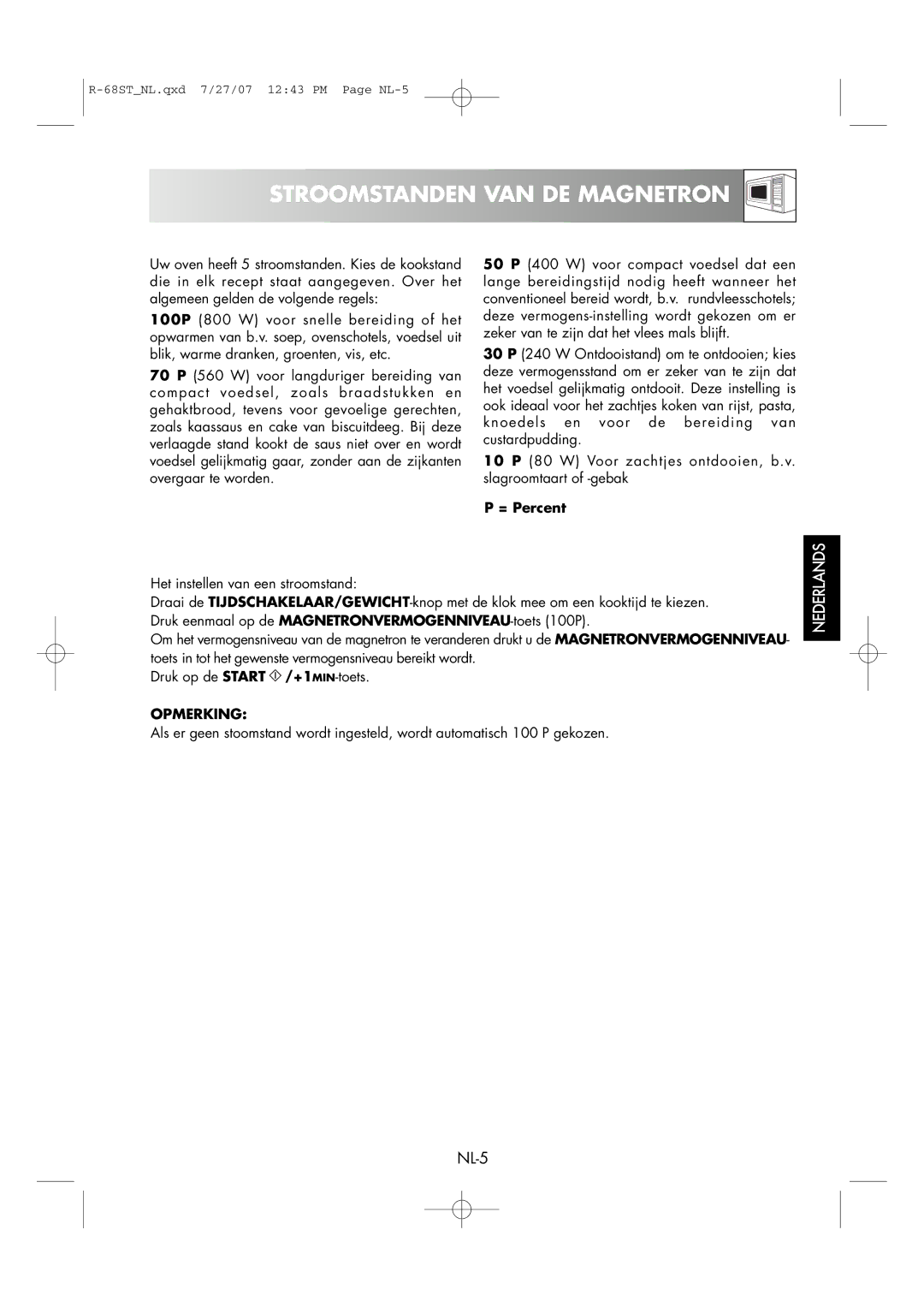 Sharp R-68ST manual Stroomstanden VAN DE Magnetron, = Percent 