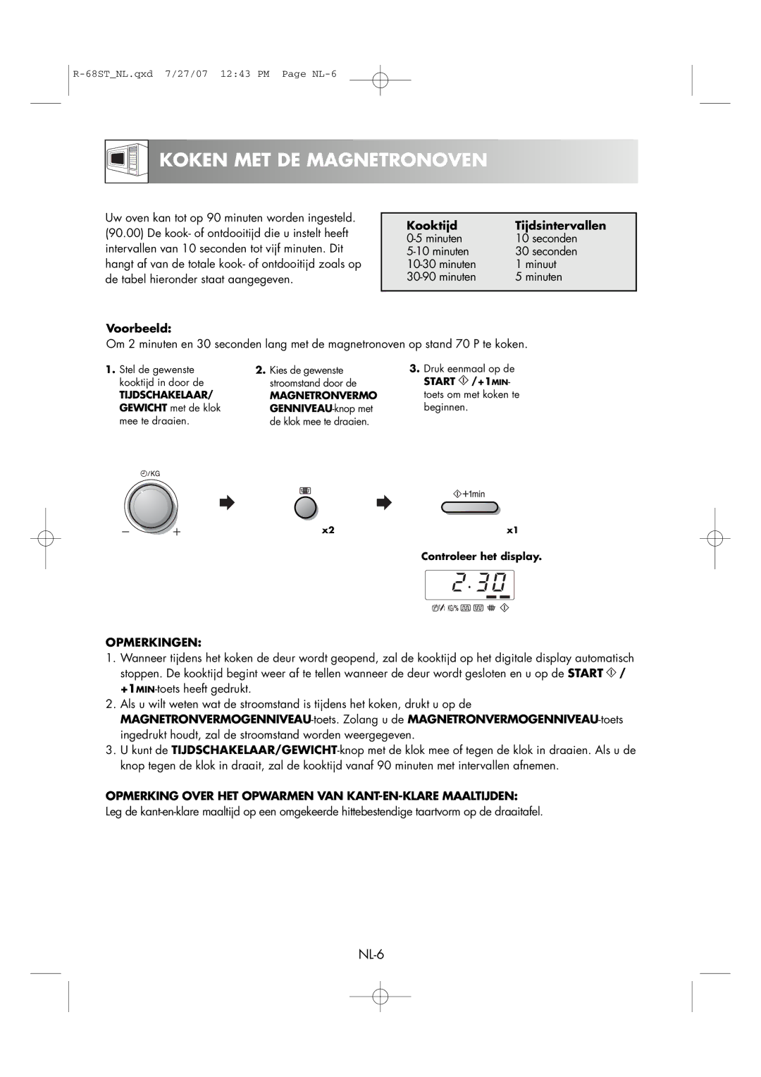 Sharp R-68ST manual Koken MET DE Magnetronoven, Voorbeeld Kooktijd Tijdsintervallen 