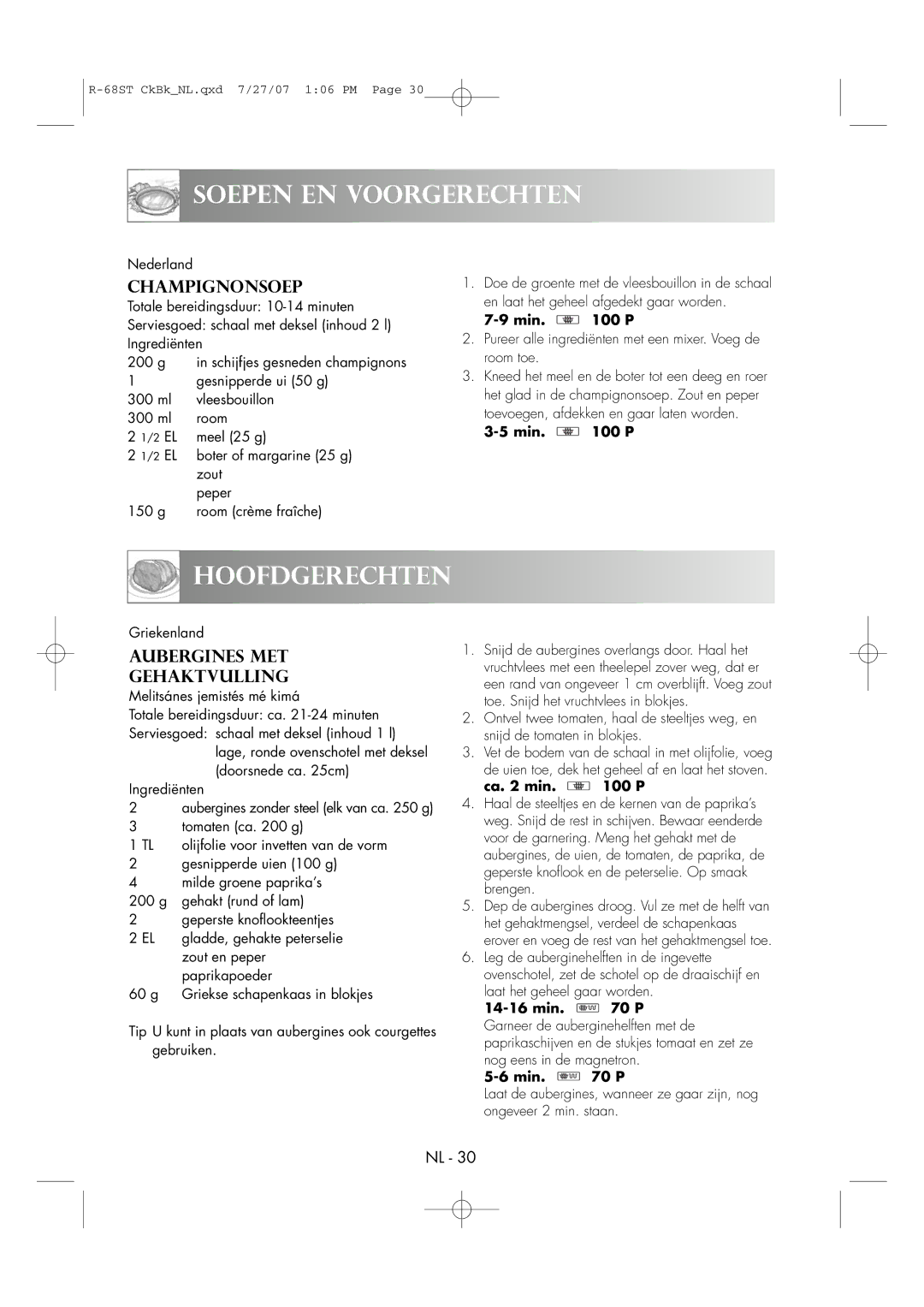 Sharp R-68ST manual Hoofdgerechten, Champignonsoep, Aubergines MET Gehaktvulling 