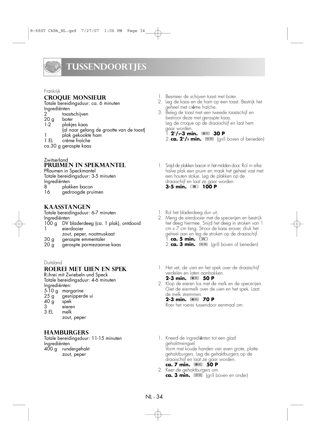 Sharp R-68ST manual Tussendoortjes, Kaasstangen, Roerei MET Uien EN Spek, Hamburgers 