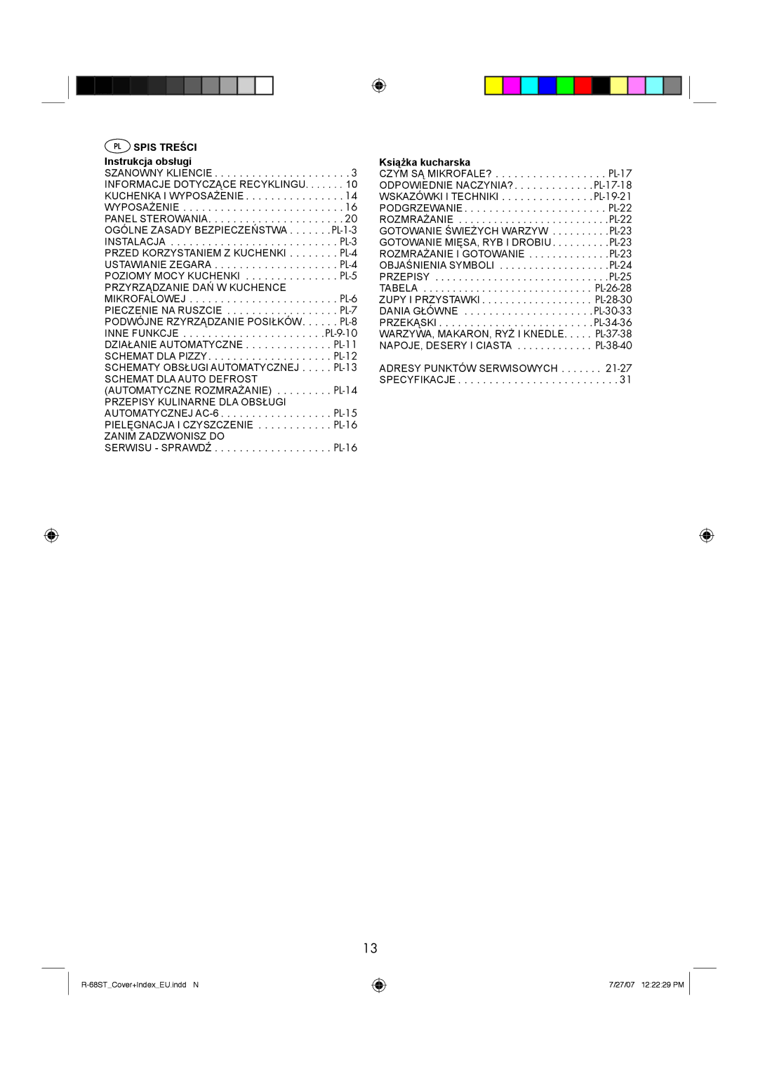 Sharp R-68ST manual PL Spis Treści, Instrukcja obsługi, Książka kucharska 