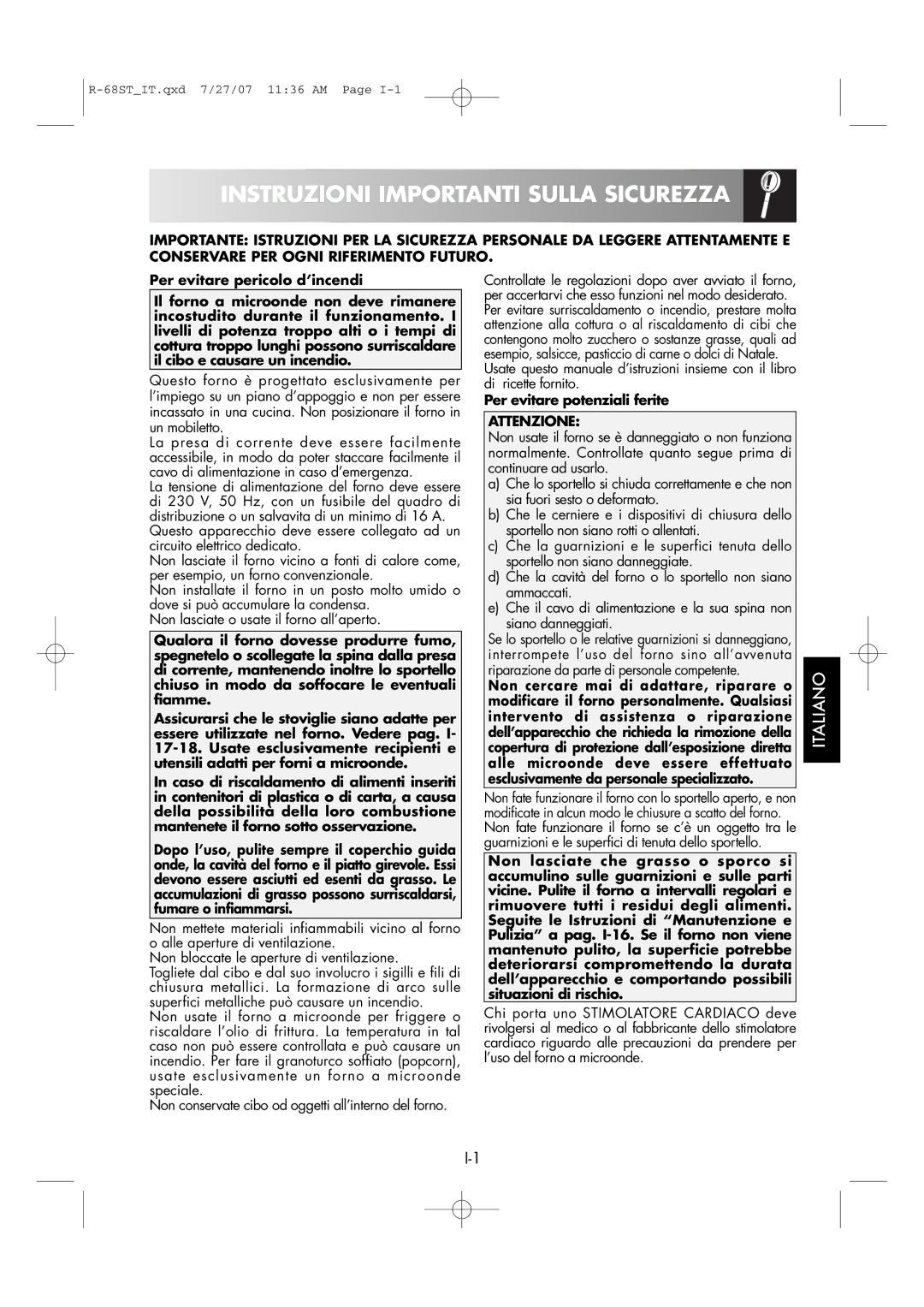 Sharp R-68ST manual Instruzioni Importanti Sulla Sicurezza, Per evitare potenziali ferite, Attenzione 