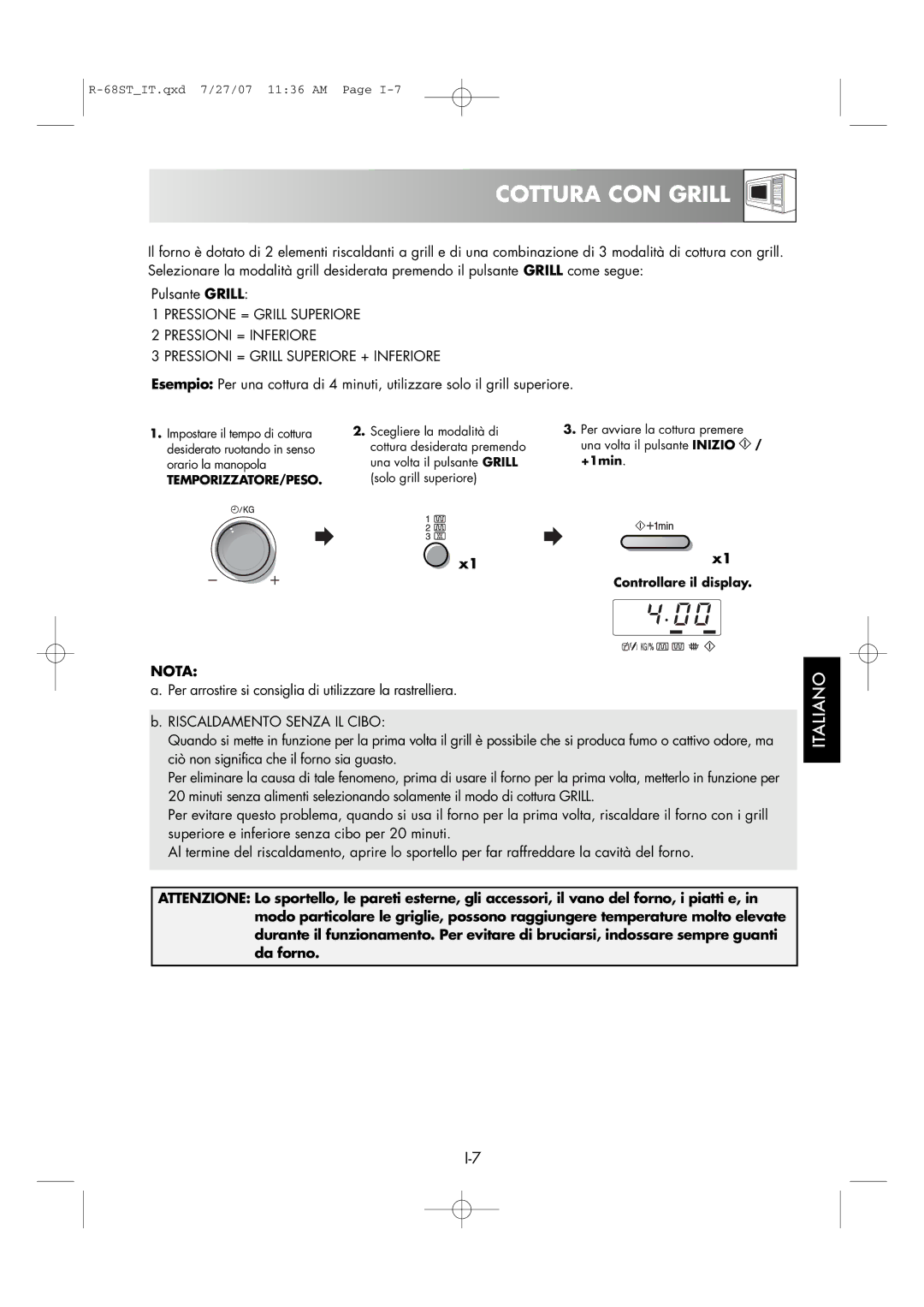 Sharp R-68ST manual Cottura CON Grill, Temporizzatore/Peso 