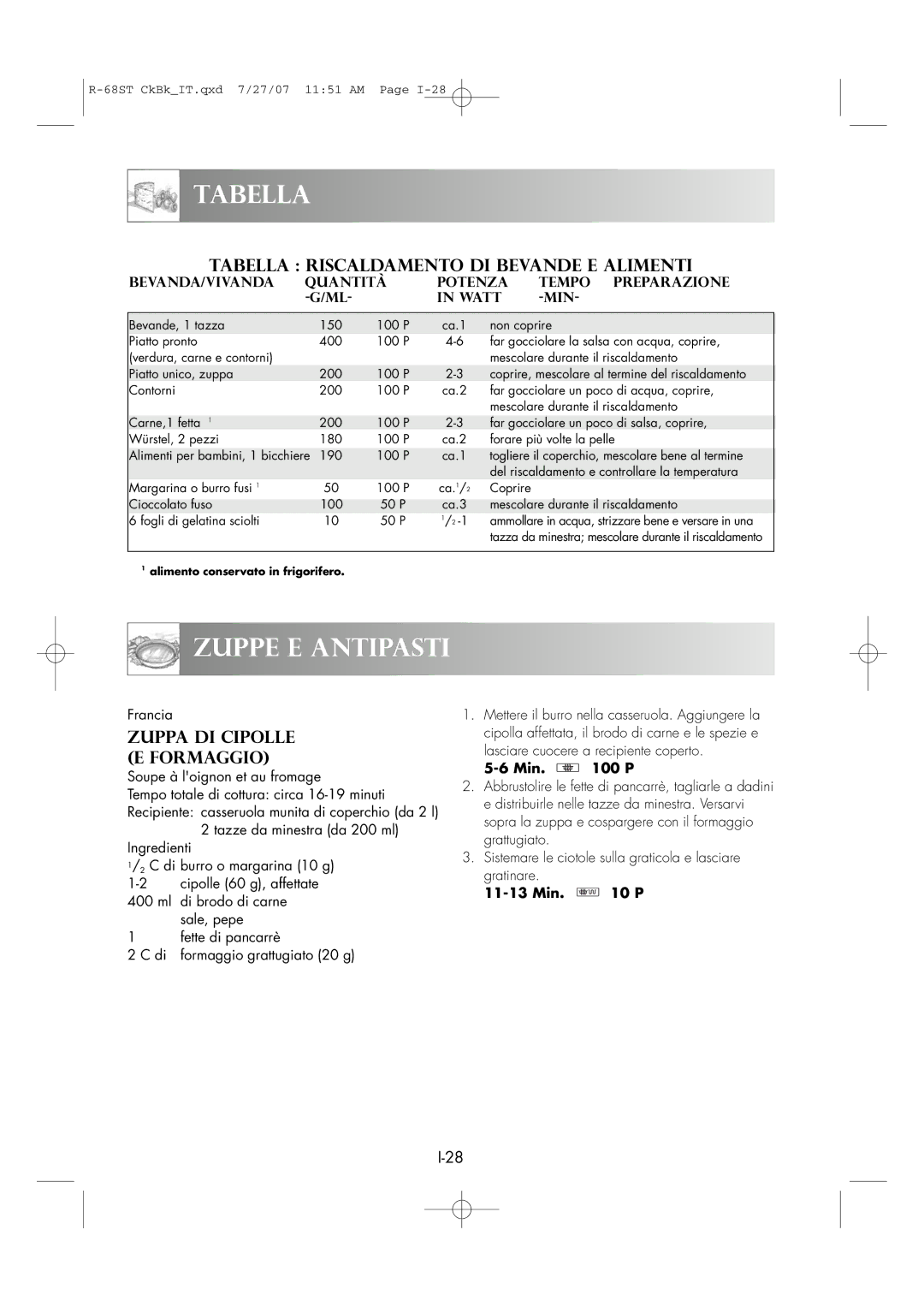 Sharp R-68ST manual Tabellawas Sind MIKROWELLEN?, Zuppe E Antipasti, Tabella Riscaldamento DI Bevande E Alimenti, Francia 