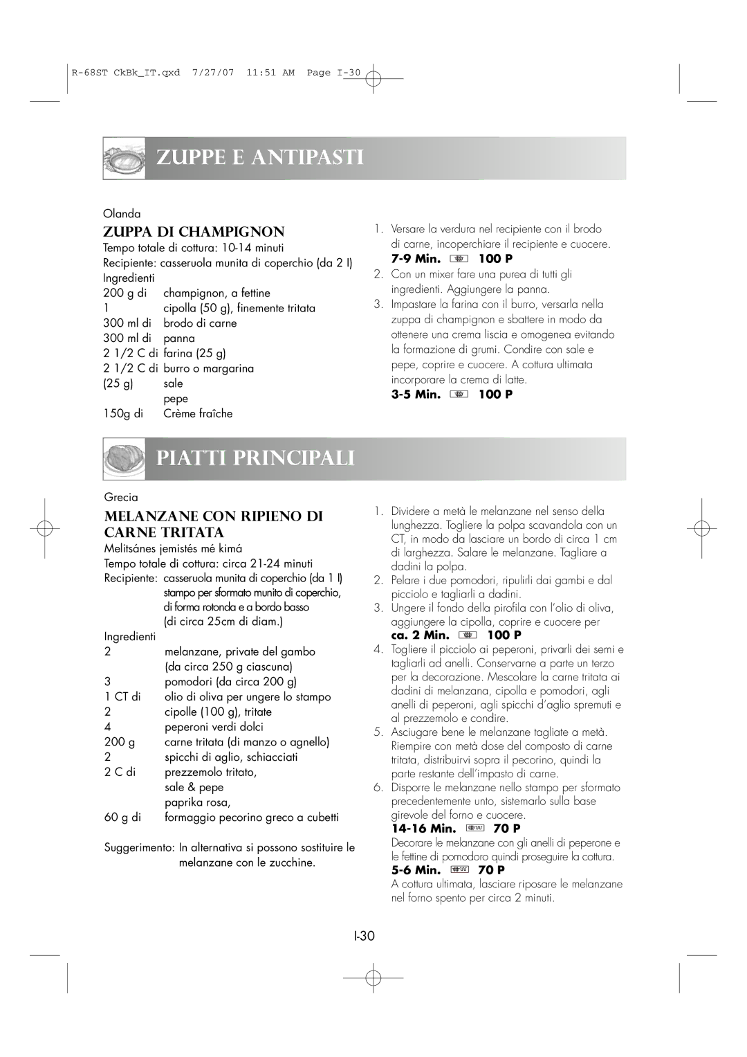 Sharp R-68ST manual Piatti Principali, Melanzane CON Ripieno DI Carne Tritata, Grecia 