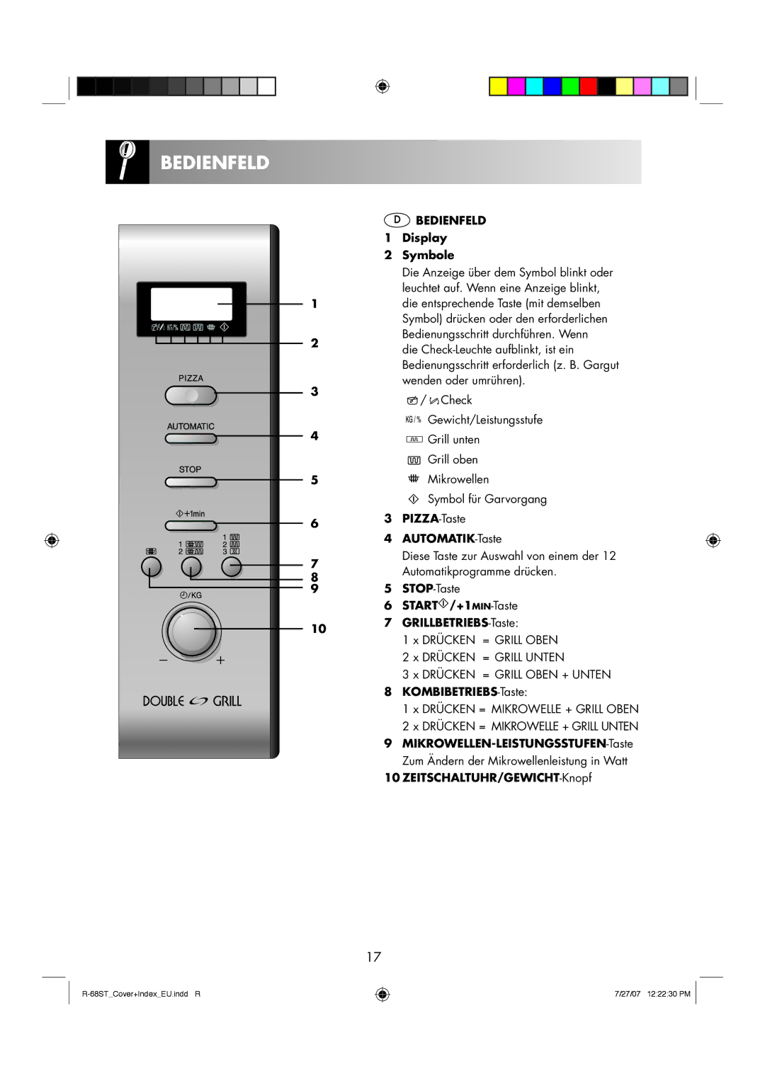 Sharp R-68ST manual Bedienfeld 