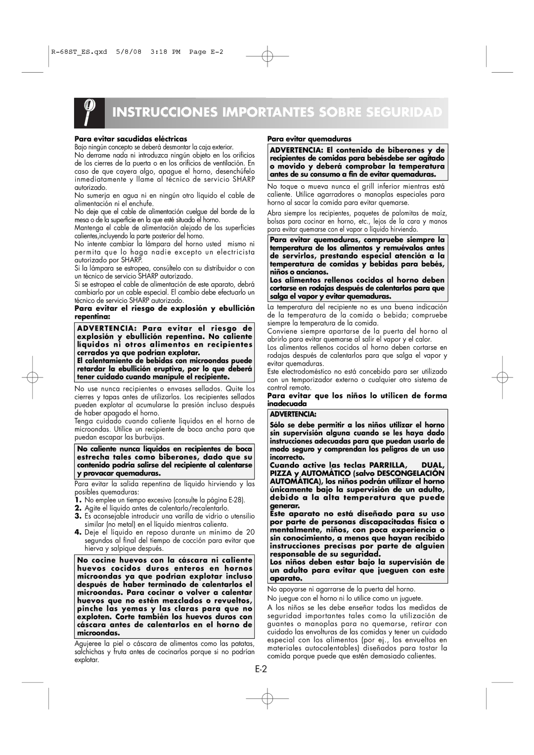 Sharp R-68ST manual Para evitar sacudidas eléctricas, Para evitar quemaduras, Advertencia 