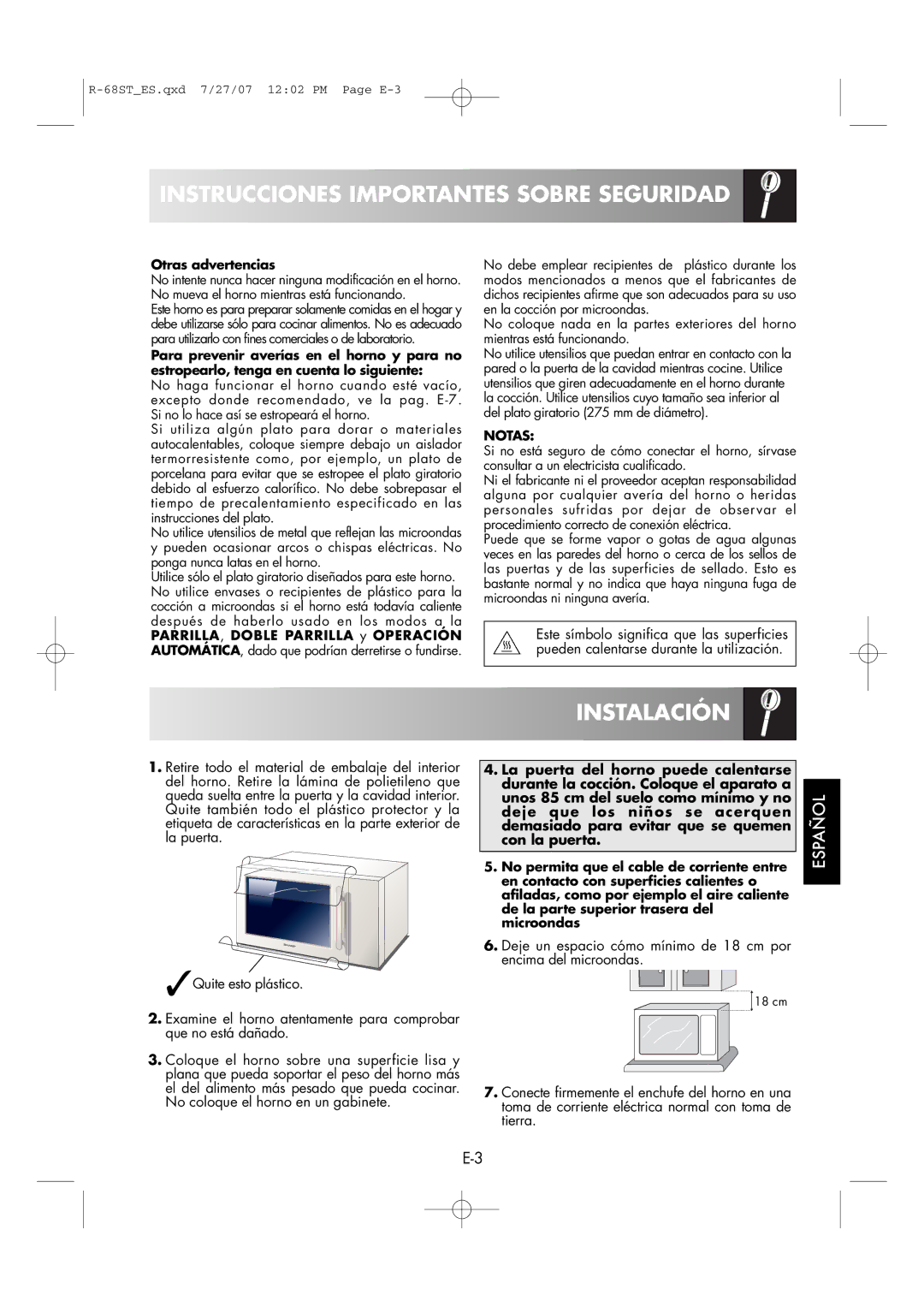 Sharp R-68ST manual Instalación, Otras advertencias, Notas 