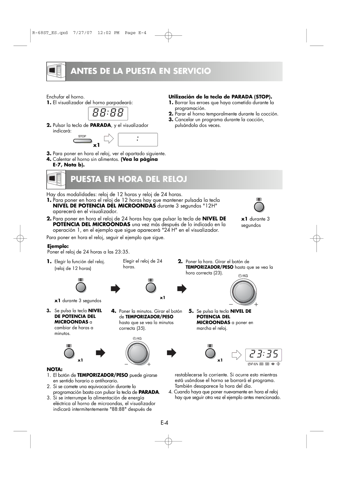 Sharp R-68ST manual Antes DE LA Puesta EN Servicio, Puesta EN Hora DEL Reloj, Nota 