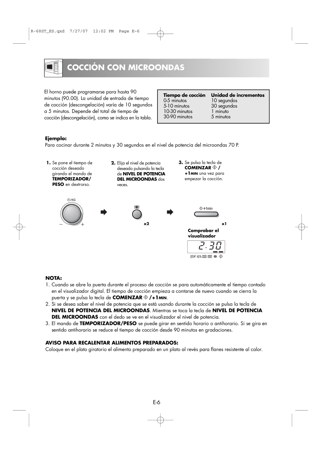 Sharp R-68ST Cocción CON Microondas, Ejemplo, Aviso Para Recalentar Alimentos Preparados, TEMPORIZADOR/ Peso en dextrorso 