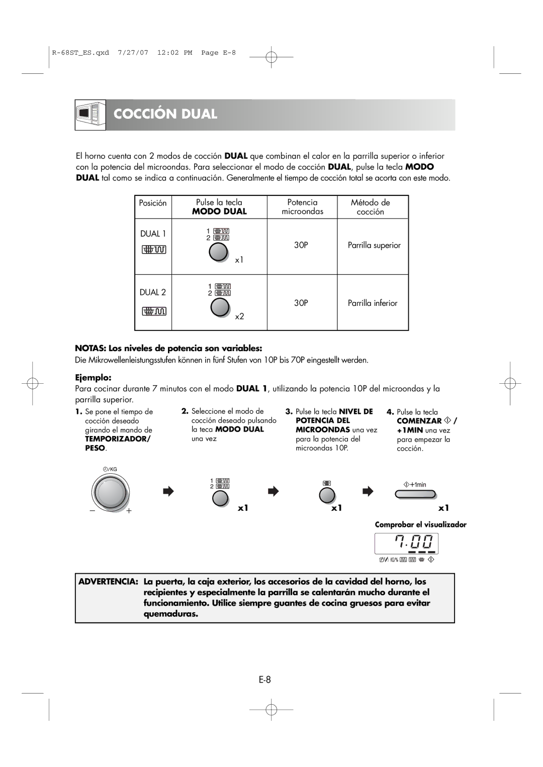 Sharp R-68ST manual Cocción Dual, Modo Dual, Notas Los niveles de potencia son variables 