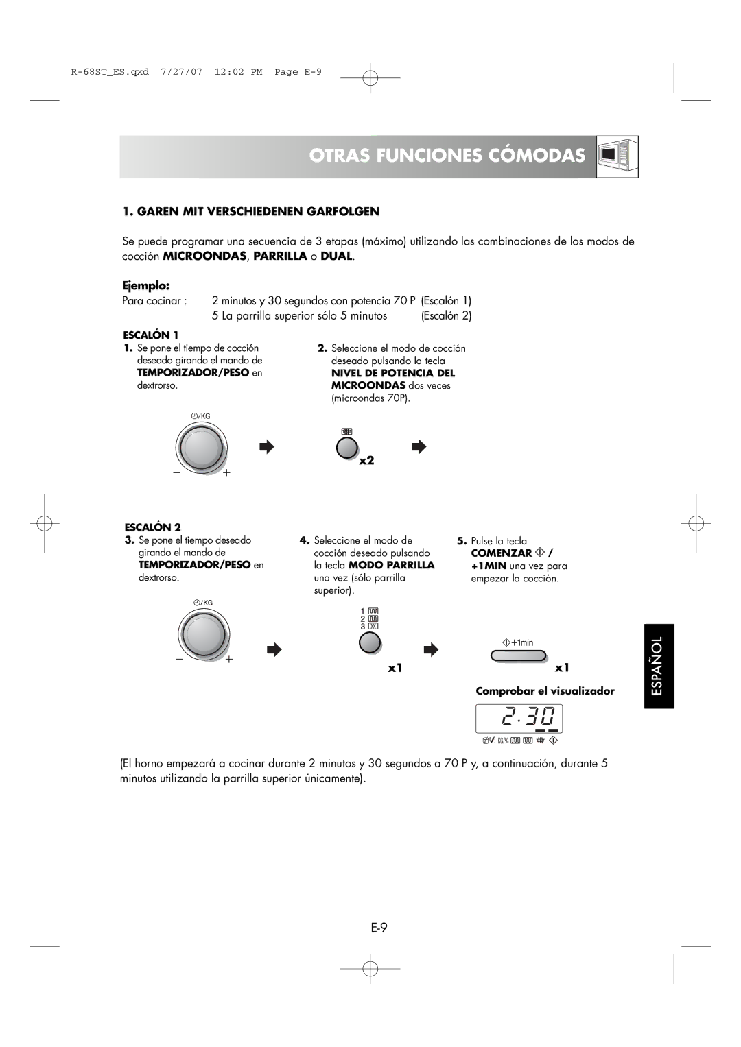 Sharp R-68ST manual Otras Funciones Cómodas, Para cocinar, La parrilla superior sólo 5 minutos, Escalón 