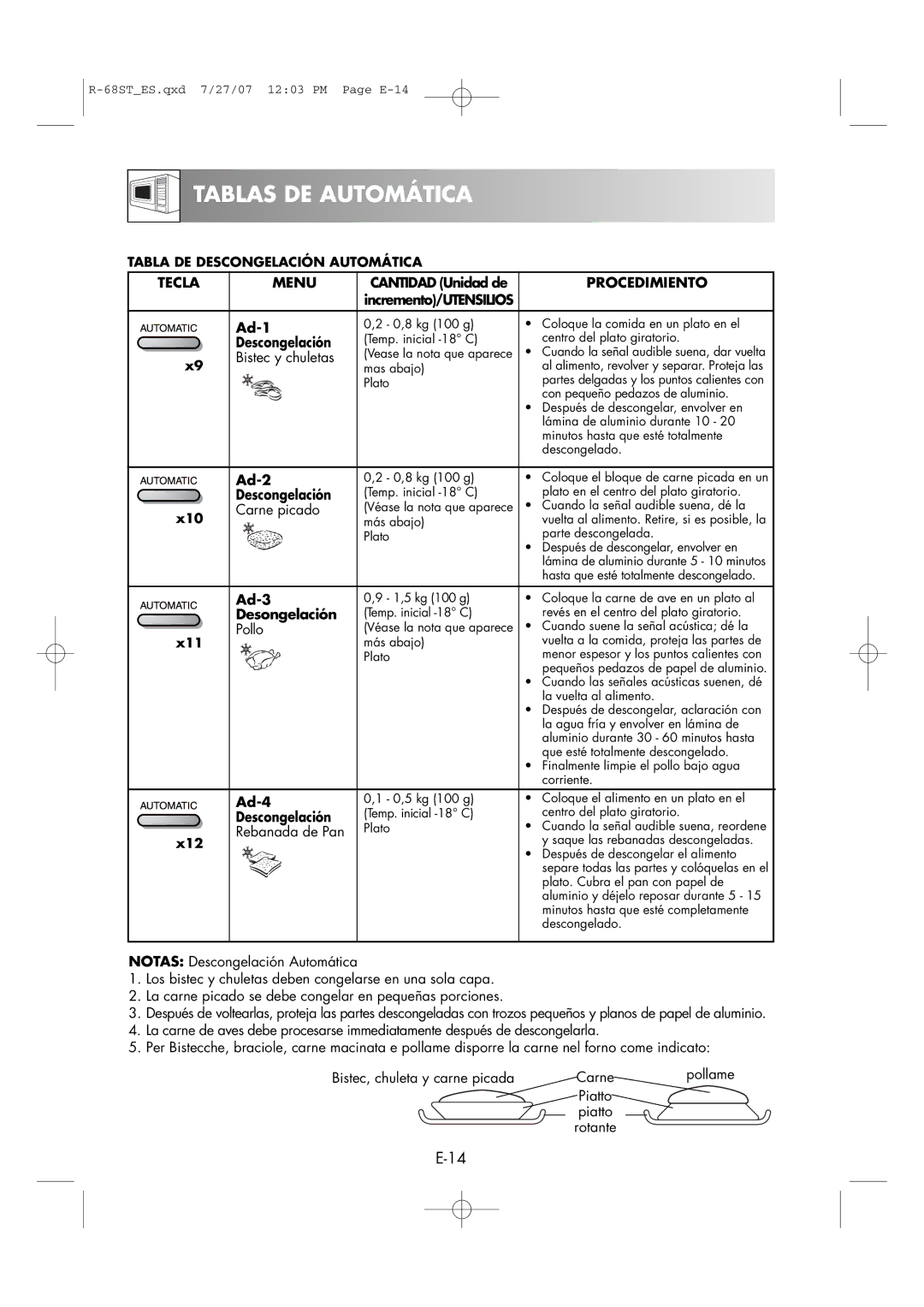 Sharp R-68ST manual Tablas DE Automática, Tecla Menu, Procedimiento 