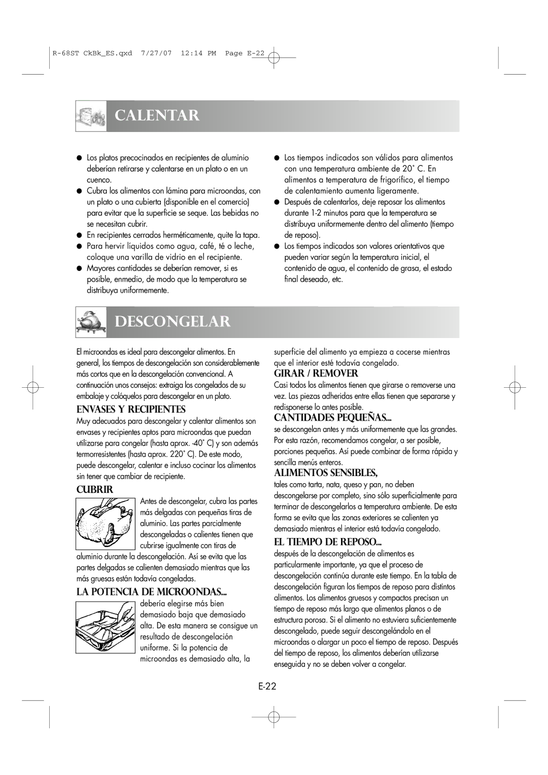 Sharp R-68ST manual Calentar, Descongelar 