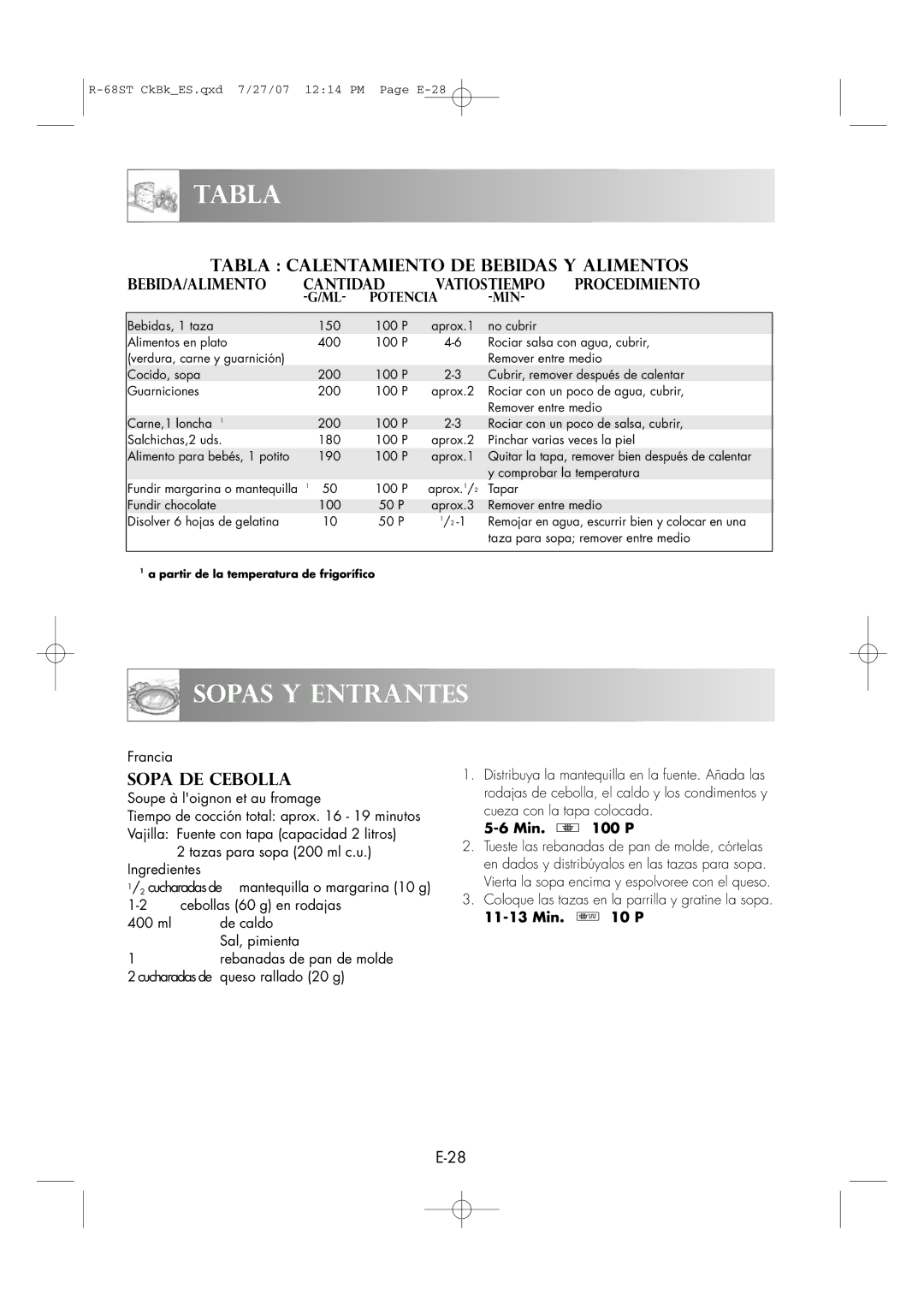 Sharp R-68ST manual Sopas Y Entrantes, Tabla Calentamiento DE Bebidas Y Alimentos 