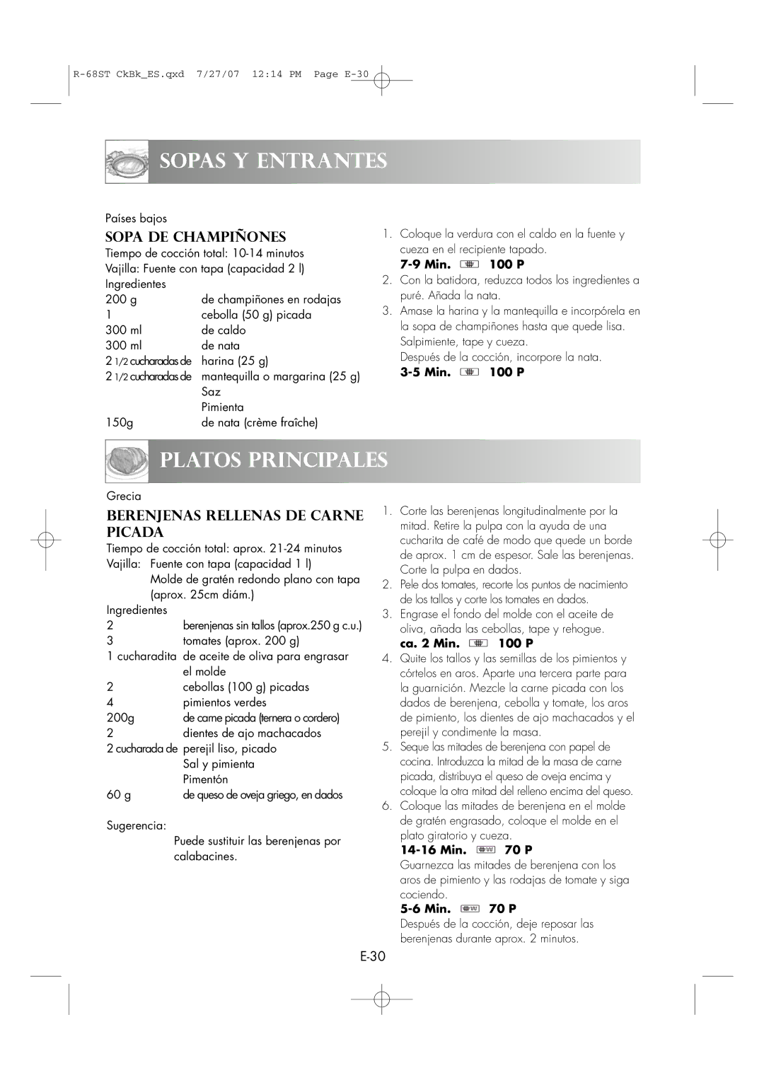 Sharp R-68ST manual Platos Principales, Berenjenas Rellenas DE Carne Picada 