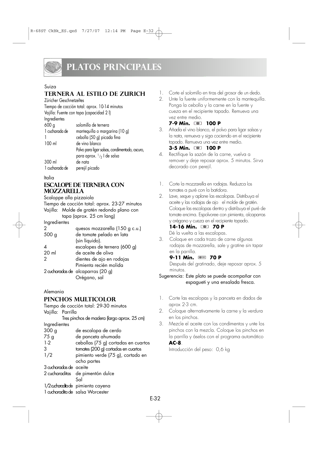 Sharp R-68ST manual Ternera AL Estilo DE Zurich, Escalope DE Ternera CON Mozzarella 