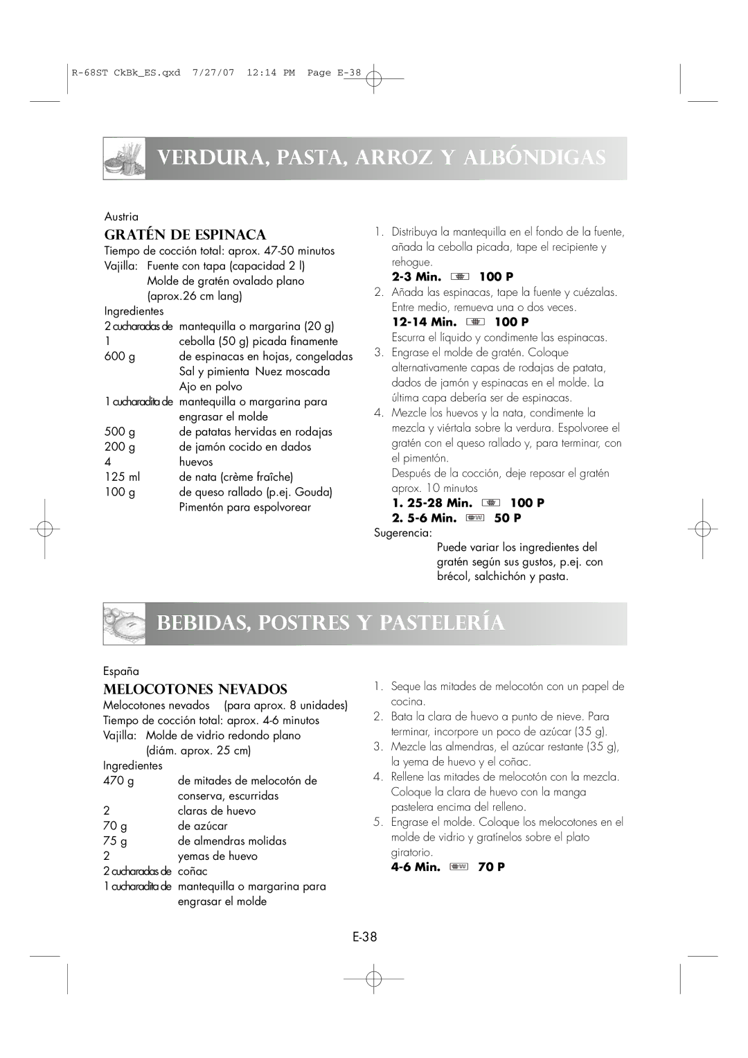 Sharp R-68ST manual BEBIDAS, Postres Y Pastelería, Gratén DE Espinaca 