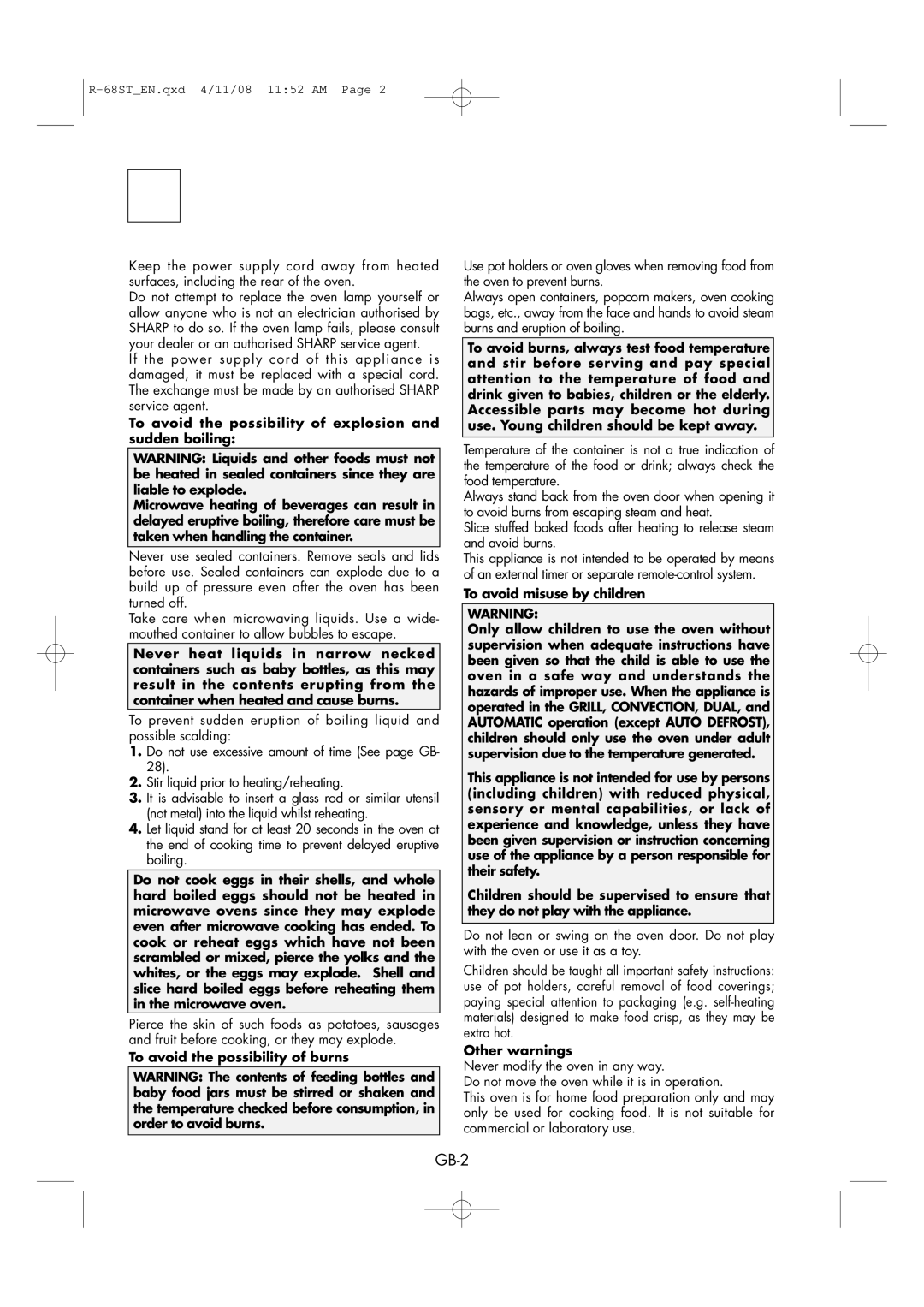 Sharp R-68ST manual To avoid the possibility of burns, Other warnings 