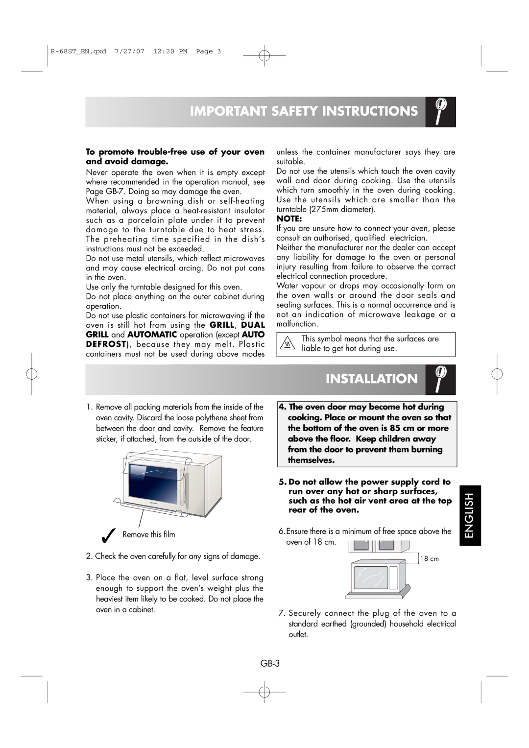 Sharp R-68ST manual Installation, To promote trouble-free use of your oven and avoid damage 