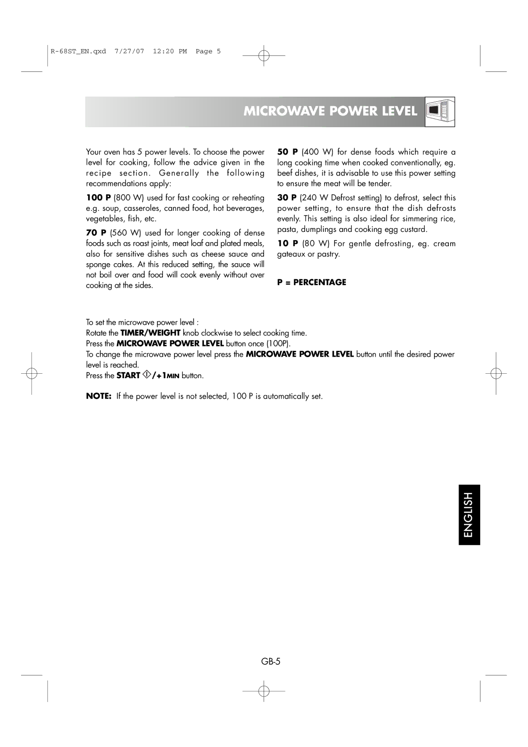 Sharp R-68ST manual Microwave Power Level, = Percentage, To set the microwave power level 