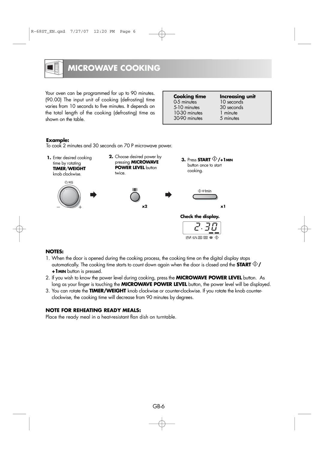 Sharp R-68ST manual Microwave Cooking, Cooking time Increasing unit, Minutes Seconds, Timer /WEIGHT 