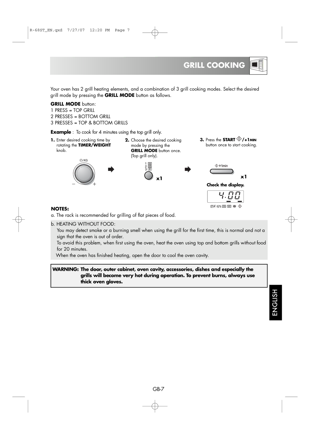 Sharp R-68ST manual Grill Cooking, Example To cook for 4 minutes using the top grill only 