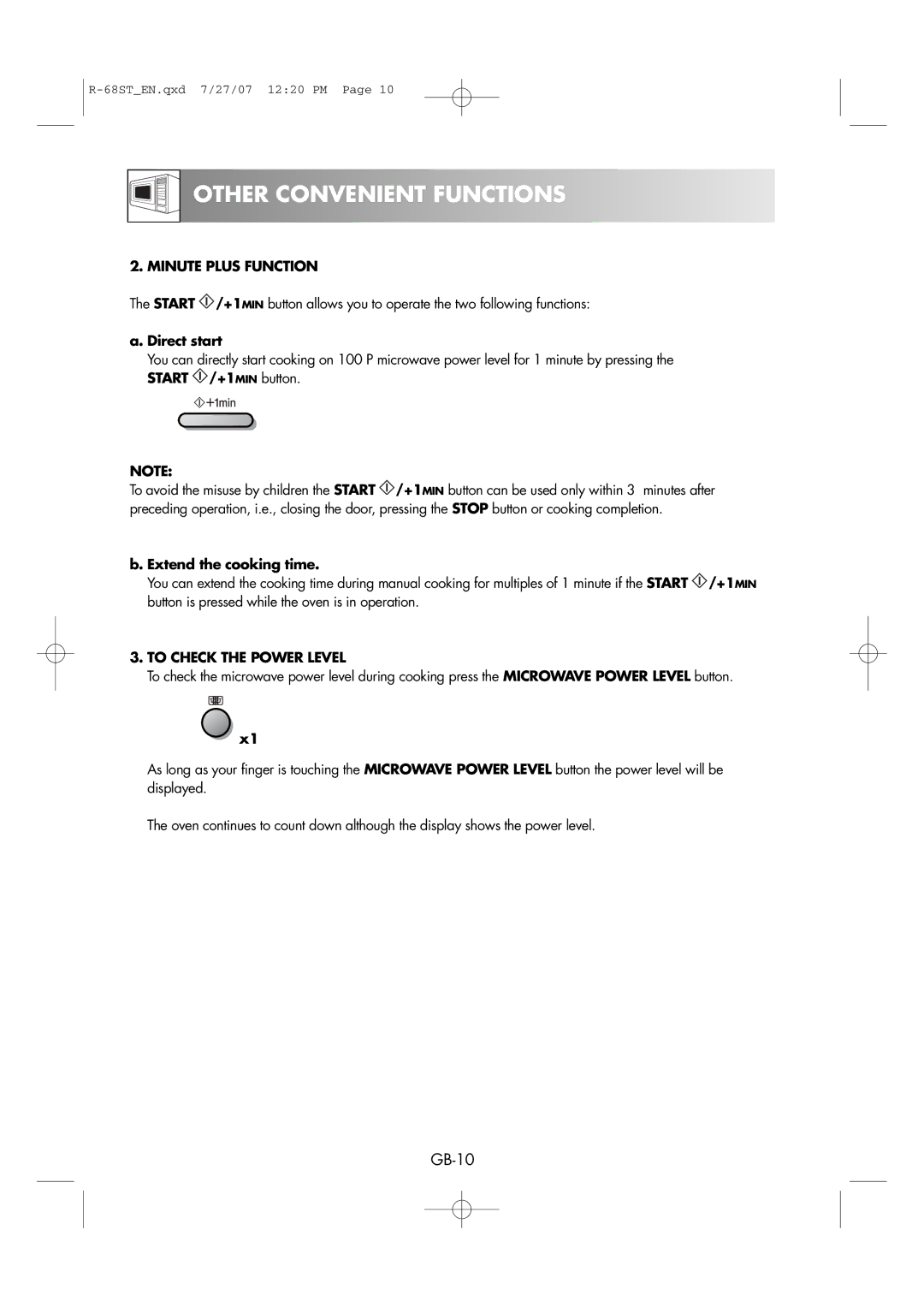 Sharp R-68ST manual Minute Plus Function, Direct start, Extend the cooking time, To Check the Power Level 