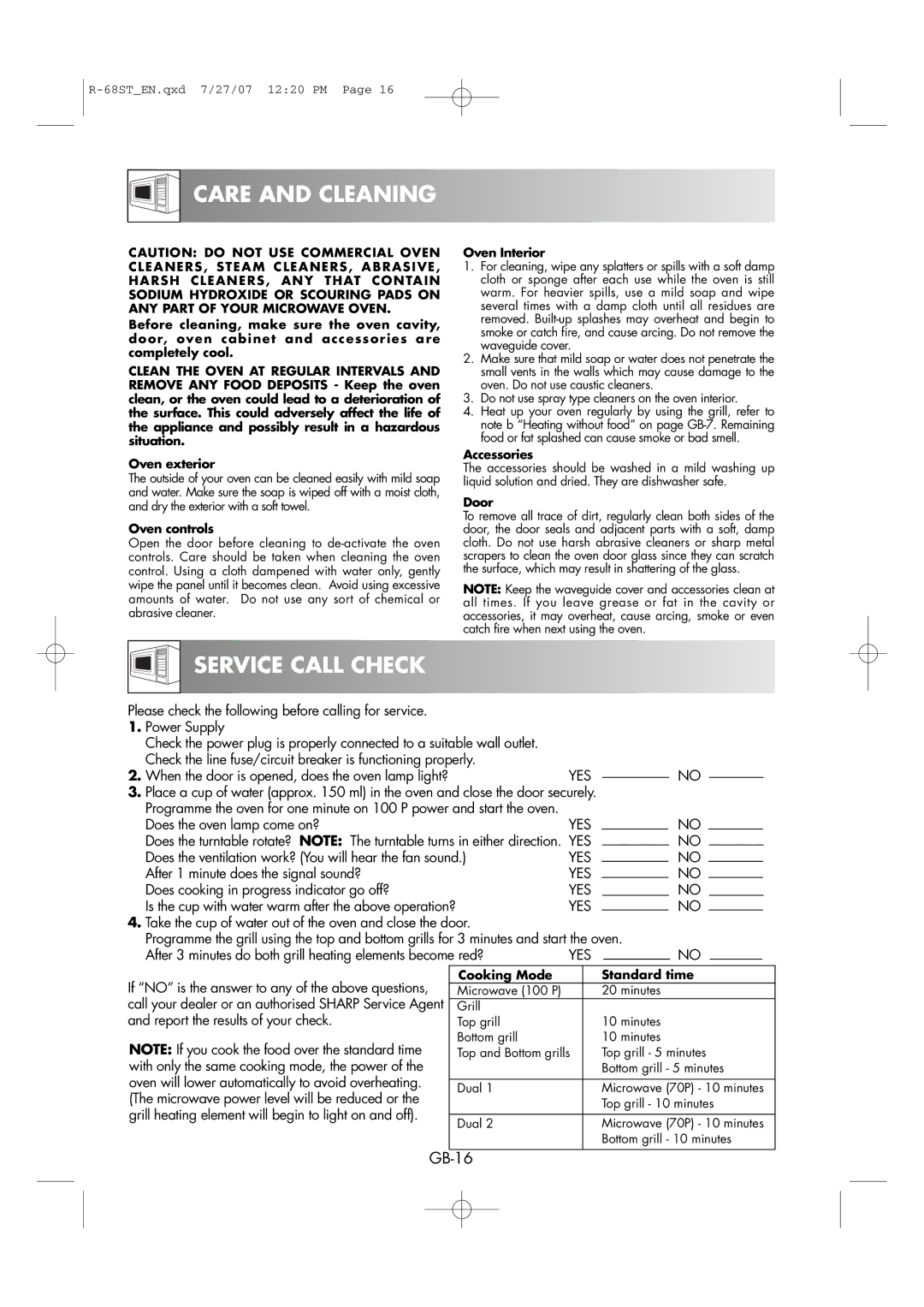 Sharp R-68ST manual Care and Cleaning, Service Call Check 