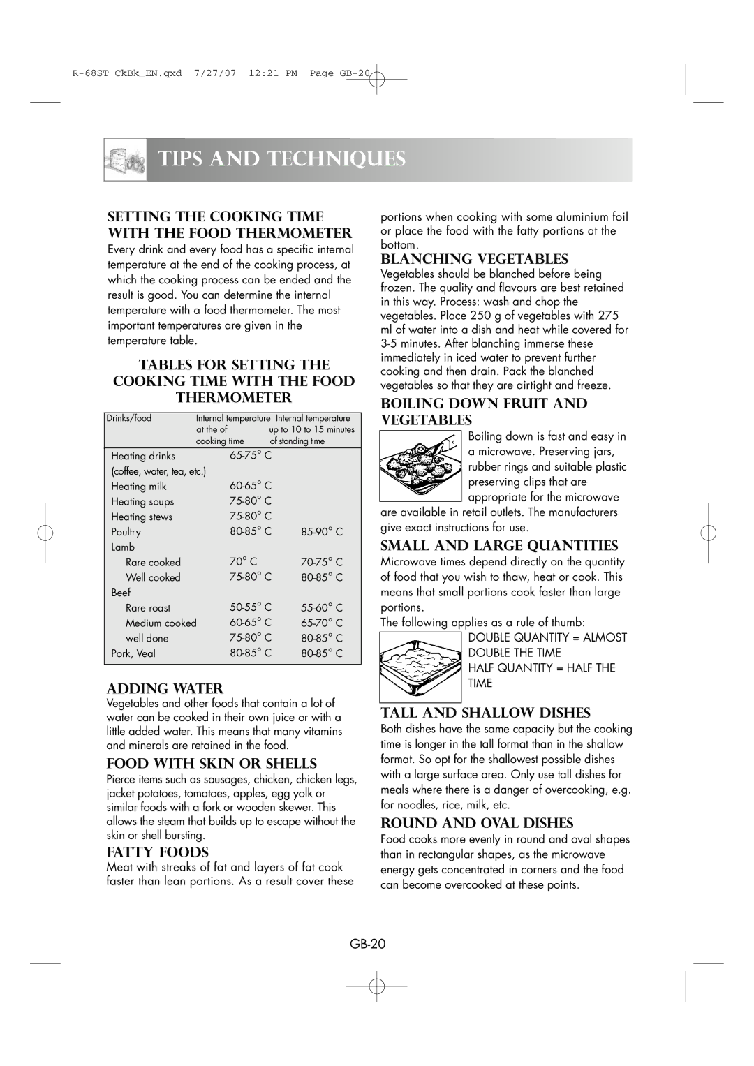 Sharp R-68ST manual Tables for Setting Cooking Time with the Food Thermometer, Adding Water, Food with Skin or Shells 