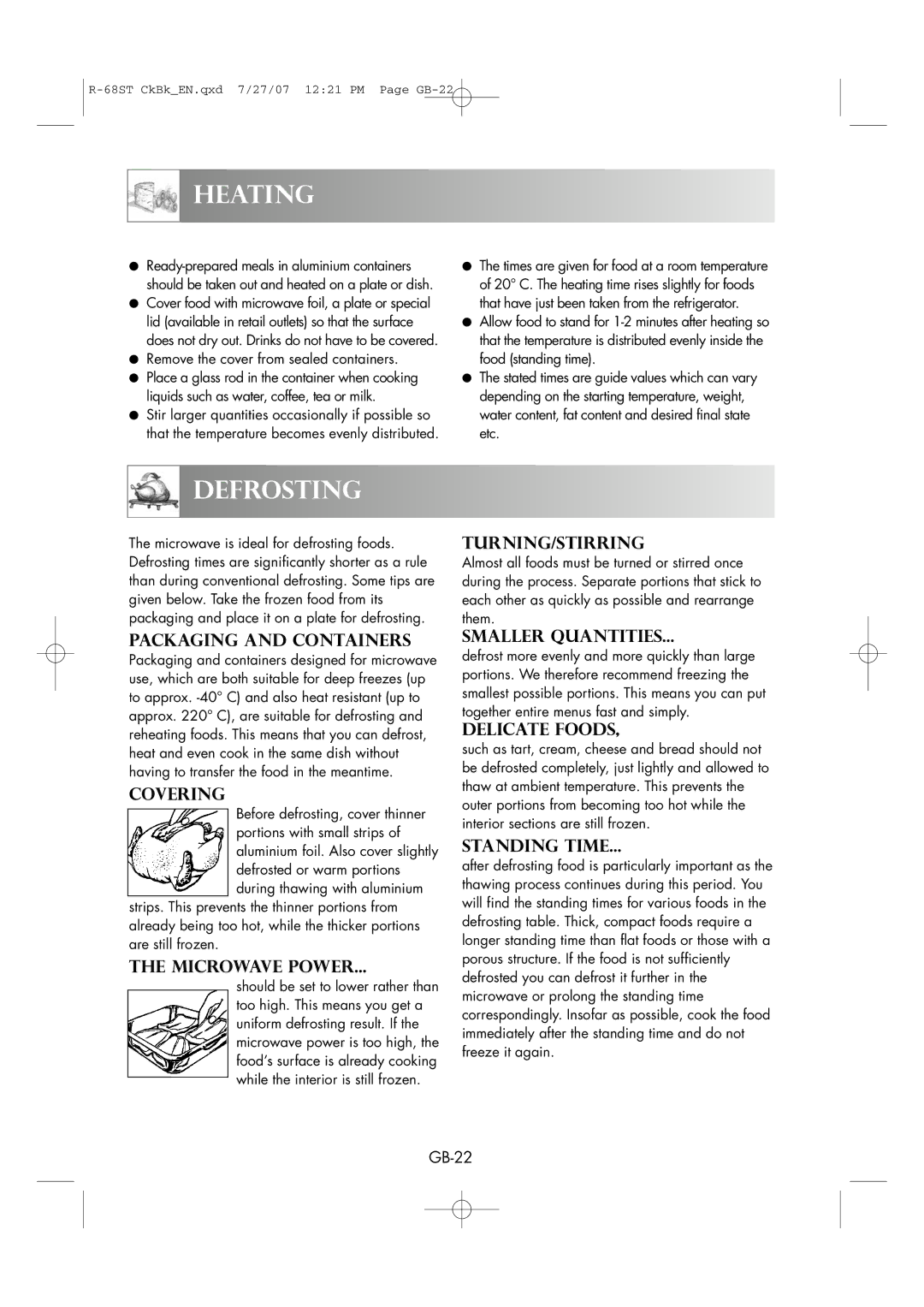 Sharp R-68ST manual Heating, Defrosting 