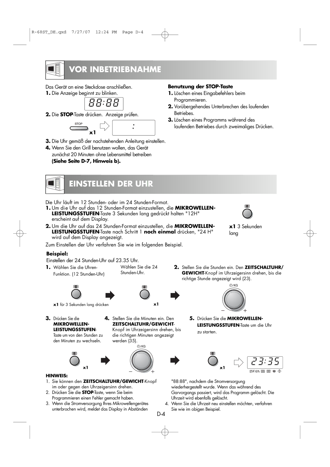 Sharp R-68ST manual VOR Inbetriebnahme, Einstellen DER UHR, Siehe Seite D-7, Hinweis b Benutzung der STOP-Taste, Beispiel 