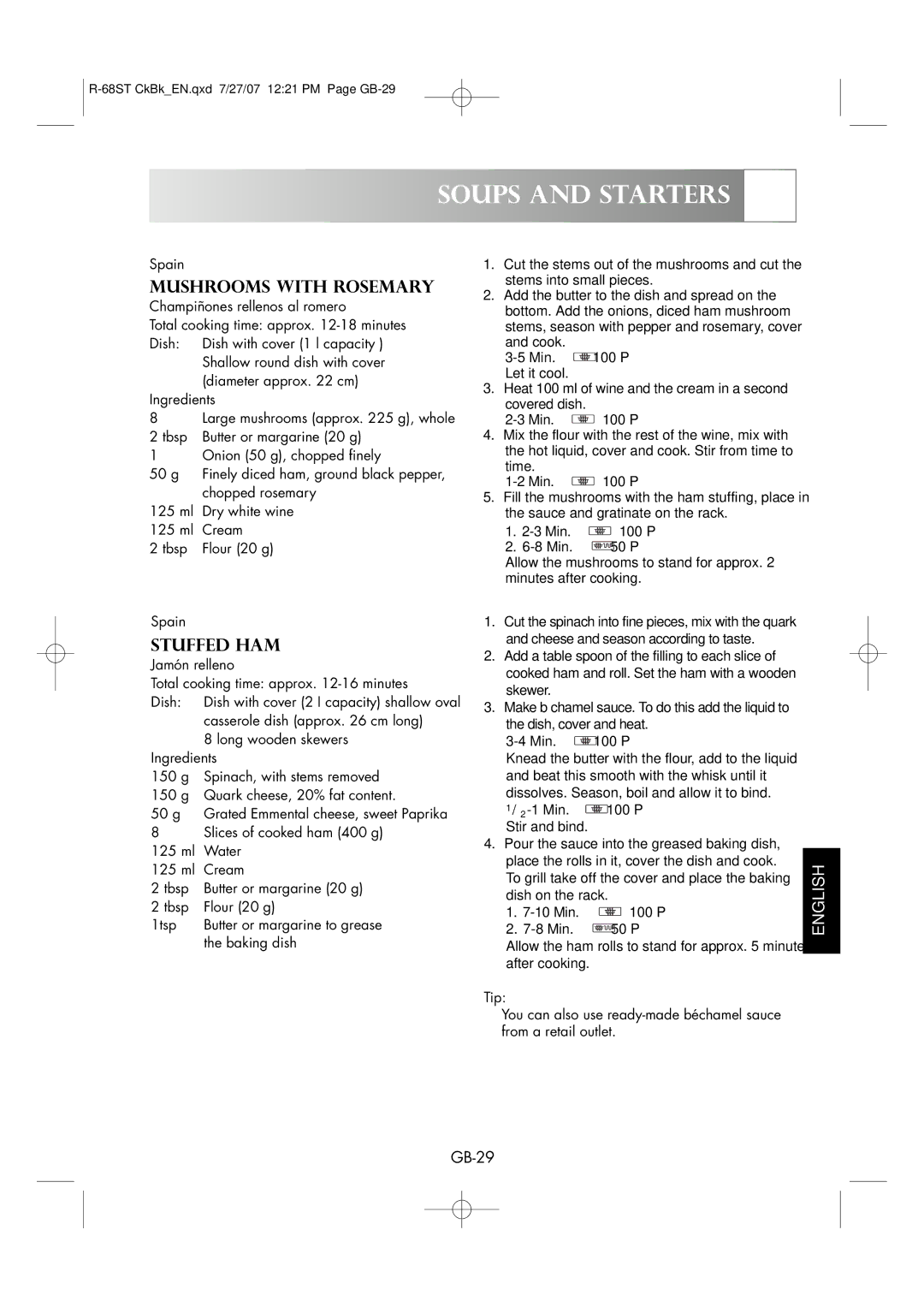 Sharp R-68ST manual Mushrooms with Rosemary, Stuffed HAM, Min P Let it cool, Min P Stir and bind 