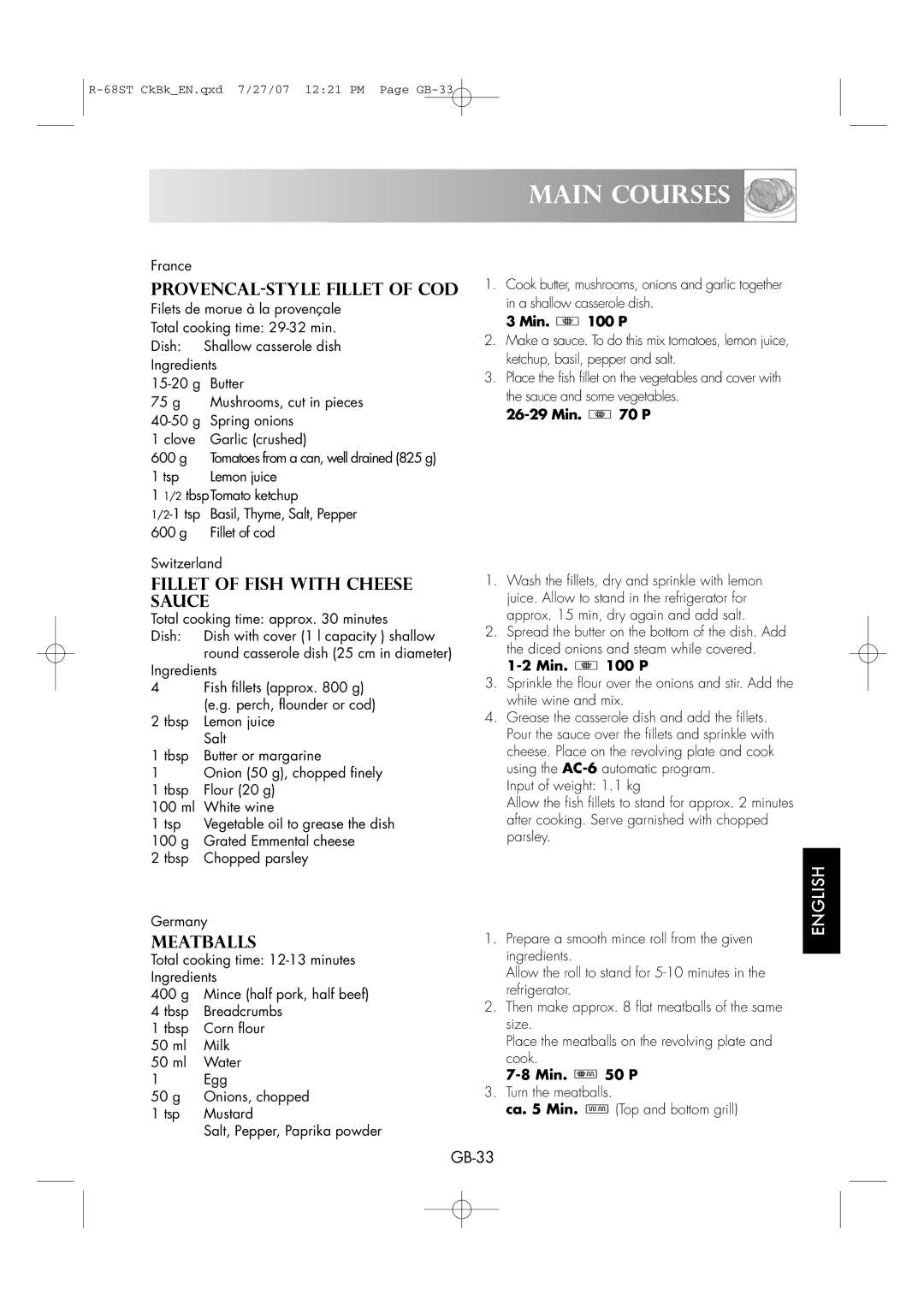 Sharp R-68ST manual Fillet of Fish with Cheese Sauce, Meatballs, g Grated Emmental cheese Tbsp Chopped parsley Germany 