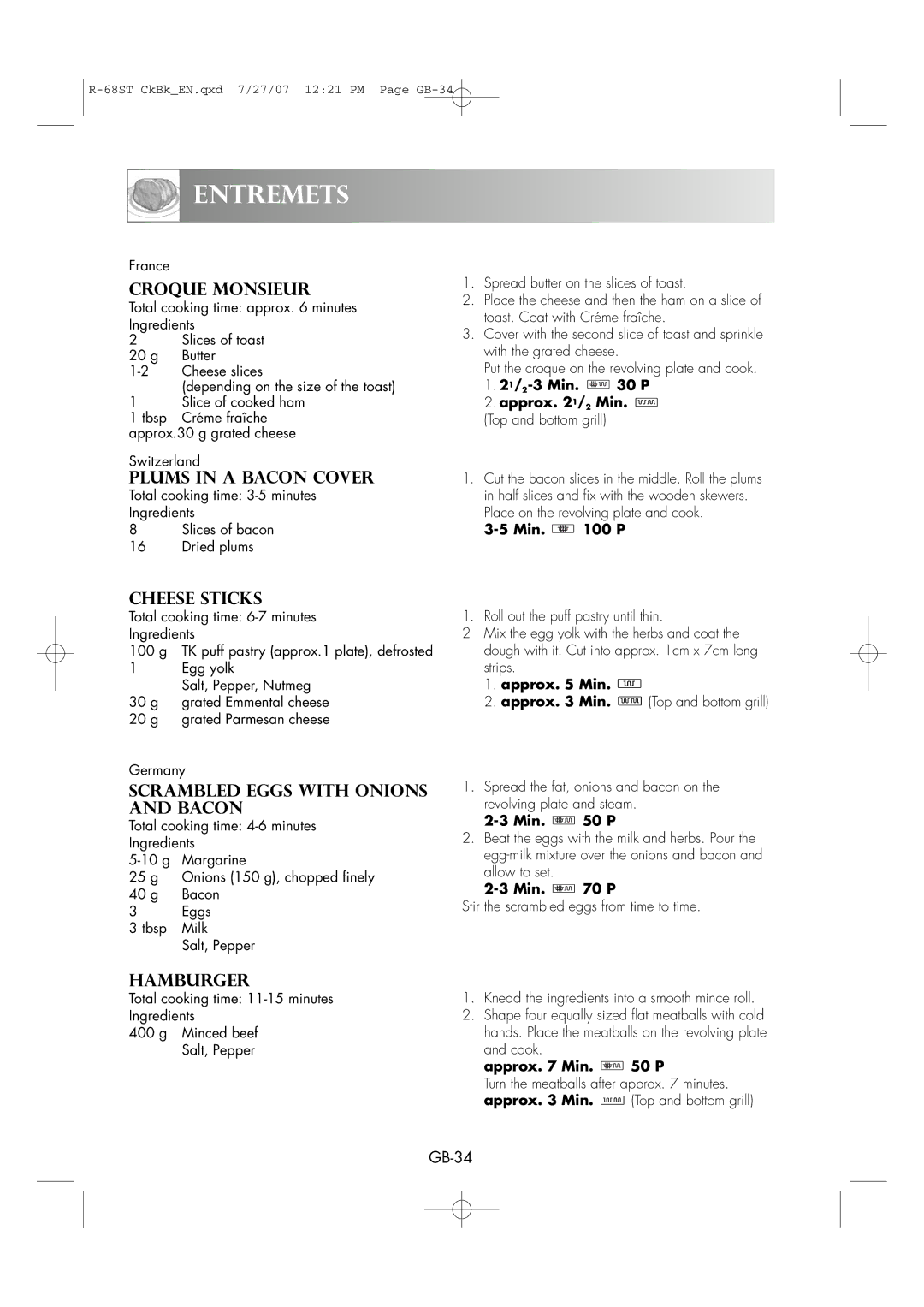 Sharp R-68ST manual Plums in a Bacon Cover, Cheese Sticks, Scrambled Eggs with Onions and Bacon, 21/2-3 Min P Approx /2 Min 