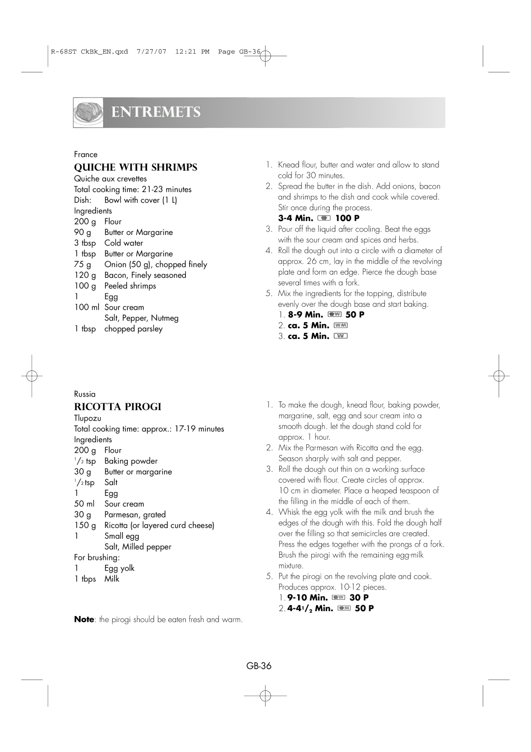 Sharp R-68ST manual Quiche with Shrimps, Ricotta Pirogi, Small egg 