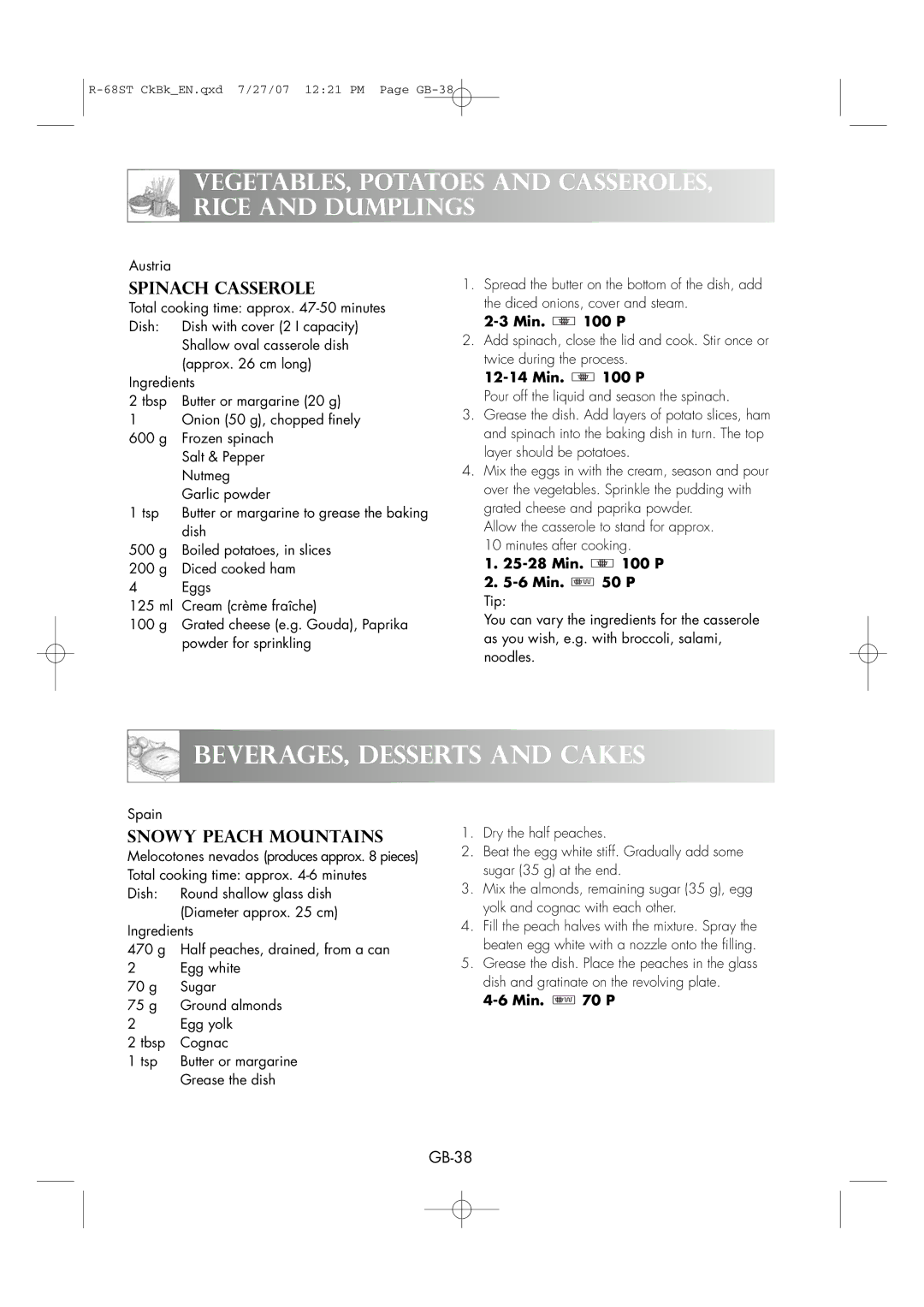 Sharp R-68ST manual BEVERAGES, Desserts and Cakes, Spinach Casserole, Snowy Peach Mountains 