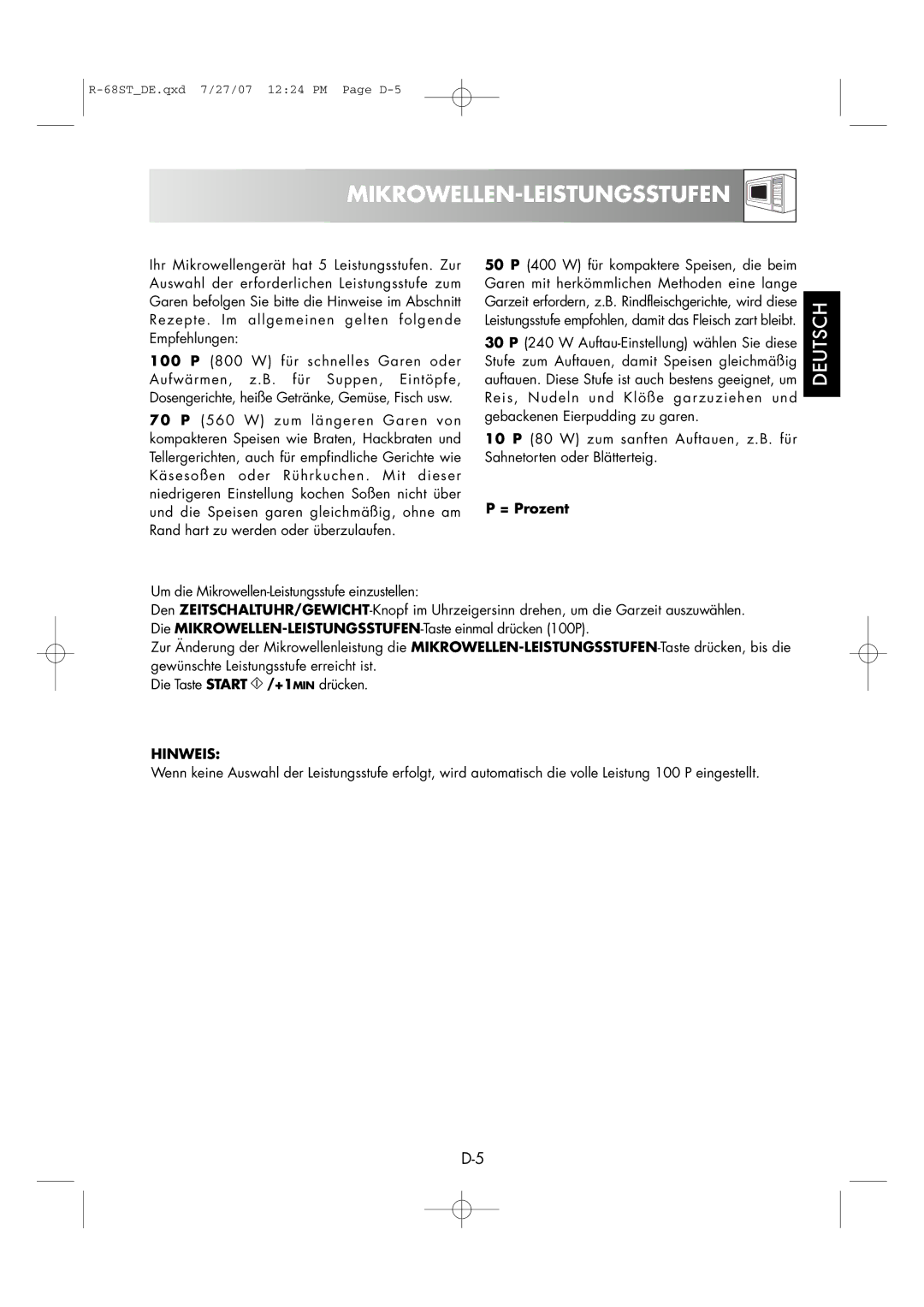 Sharp R-68ST manual Mikrowellen-Leistungsstufen, = Prozent, Hinweis 