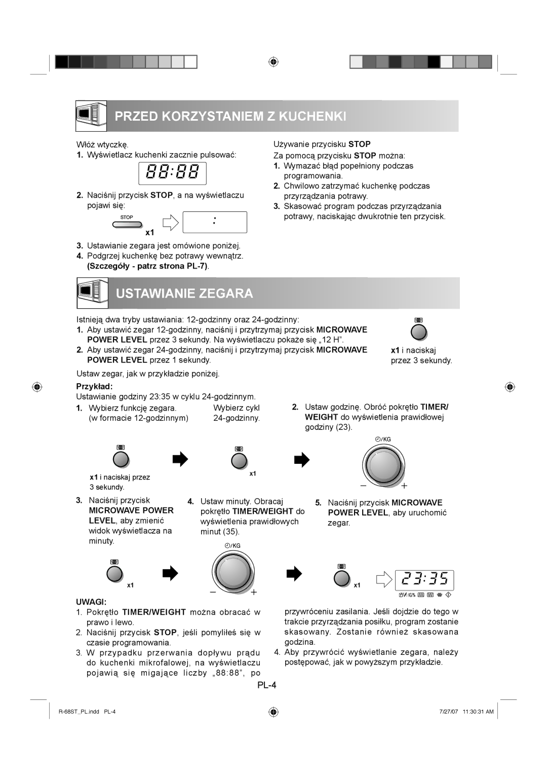 Sharp R-68ST manual Przed Korzystaniem Z Kuchenki, Ustawianie Zegara, Przykład, Uwagi 