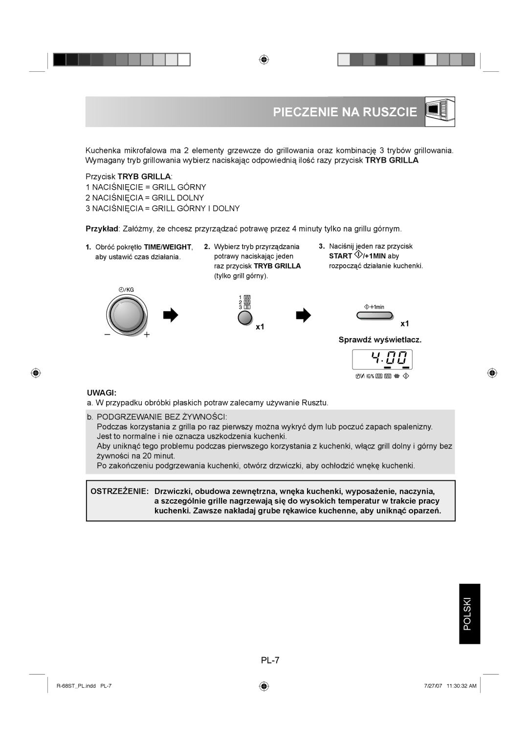 Sharp R-68ST manual Pieczenie NA Ruszcie, Przycisk Tryb Grilla, Sprawdź wyświetlacz 