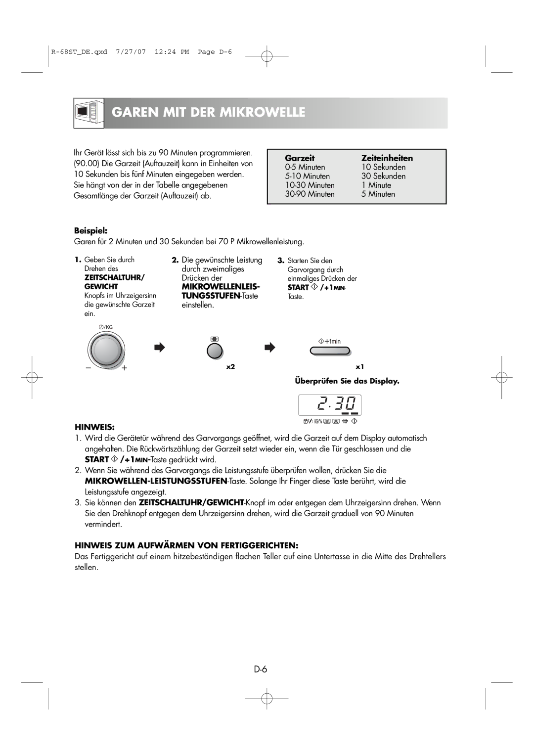 Sharp R-68ST manual Garen MIT DER Mikrowelle, Beispiel Garzeit Zeiteinheiten, Mikrowellenleis, TUNGSSTUFEN-Taste 