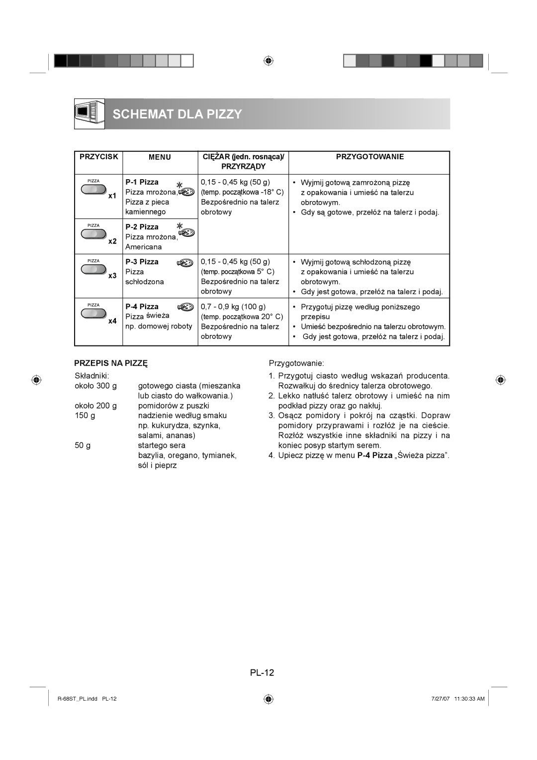 Sharp R-68ST manual Schemat DLA Pizzy, Przepis NA Pizzę, Przygotowanie 