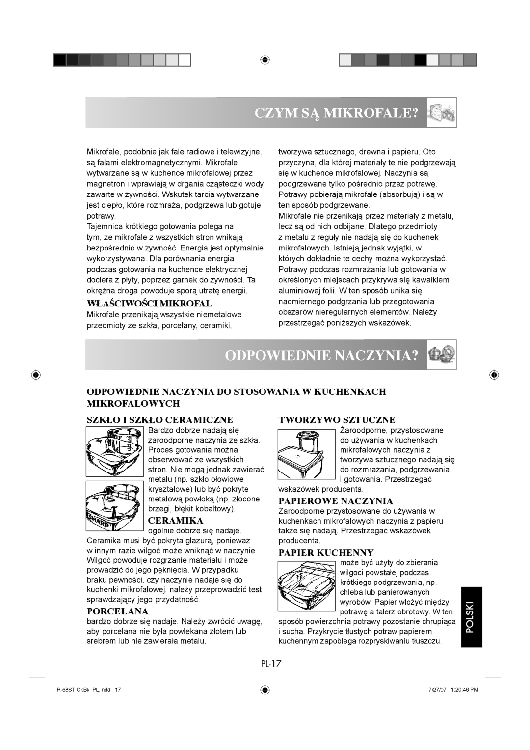 Sharp R-68ST manual Właściwości Mikrofal, Ceramika, Porcelana, Tworzywo Sztuczne, Papierowe Naczynia, Papier Kuchenny 