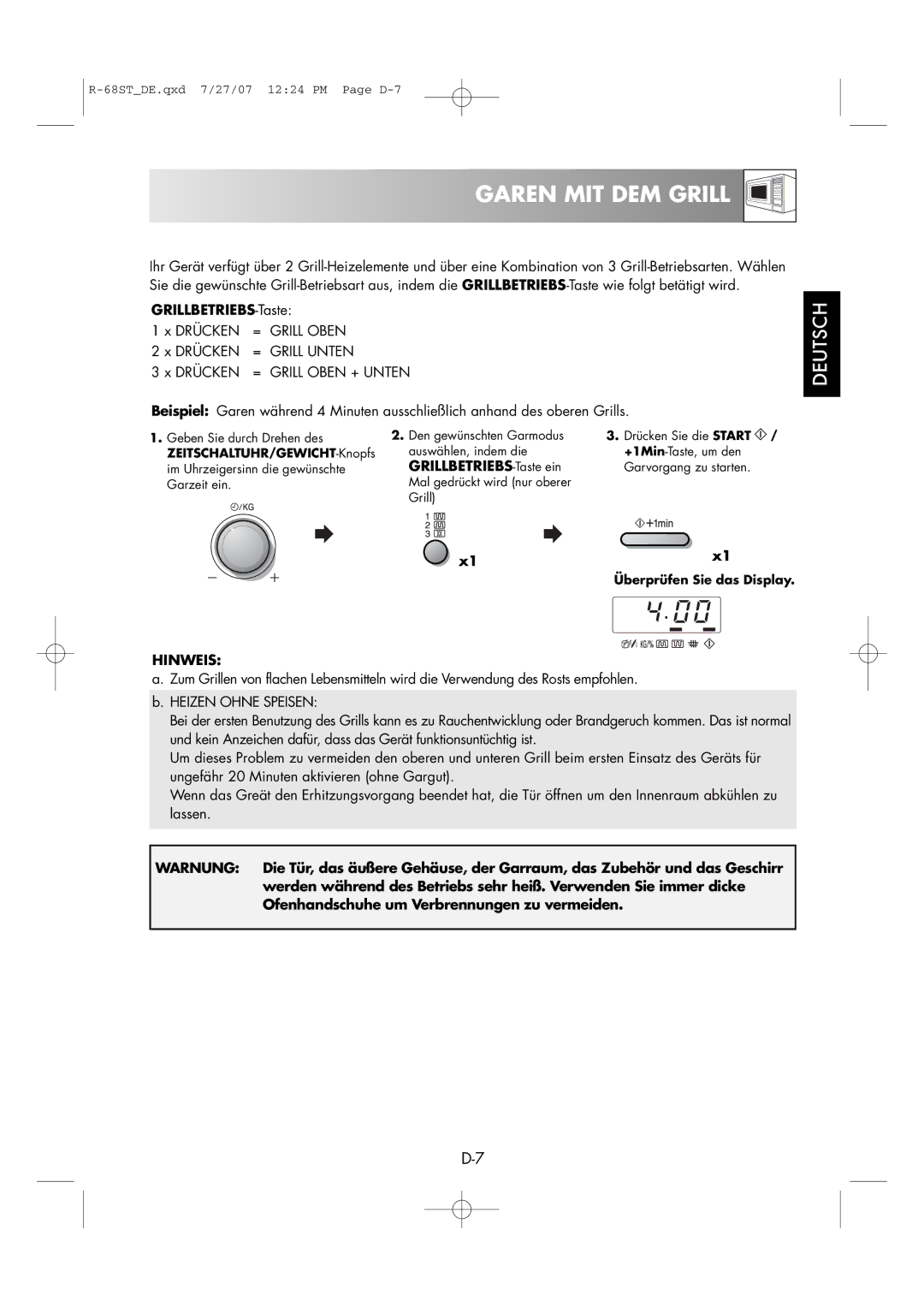 Sharp R-68ST manual Garen MIT DEM Grill, GRILLBETRIEBS-Taste ein, ZEITSCHALTUHR/GEWICHT-Knopfs 