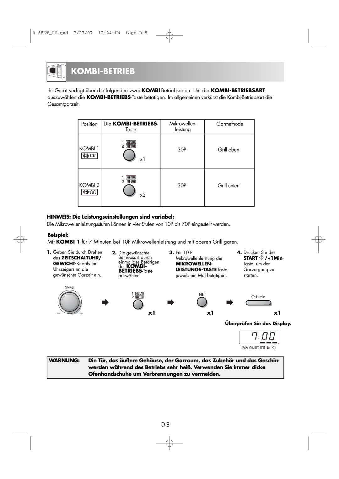 Sharp R-68ST manual Kombi-Betrieb, Die KOMBI-BETRIEBS, Hinweis Die Leistungseinstellungen sind variabel, Der Kombi 