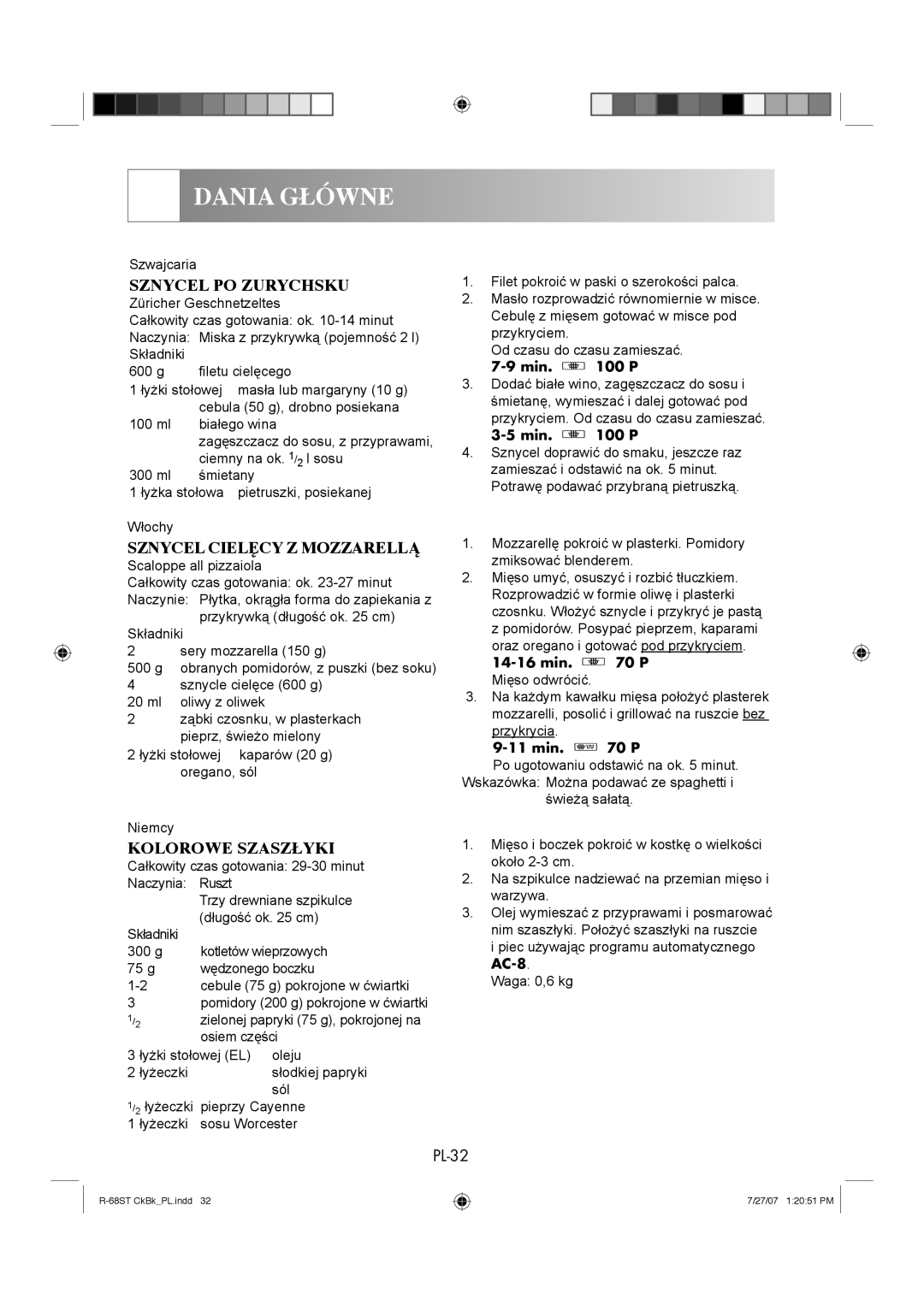 Sharp R-68ST manual Sznycel PO Zurychsku, Sznycel Cielęcy Z Mozzarellą, Kolorowe Szaszłyki, AC-8 