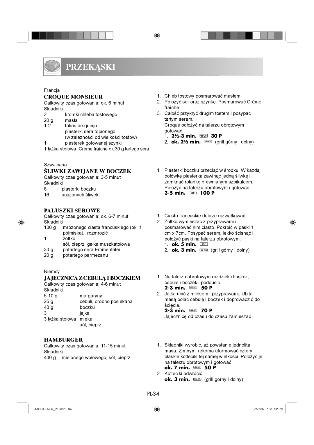 Sharp R-68ST manual Croque Monsieur, Śliwki Zawijane W Boczek, Paluszki Serowe, Jajecznicaz Cebulą I Boczkiem, Hamburger 