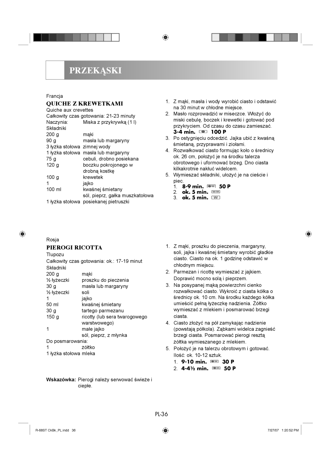 Sharp R-68ST manual Pierogi Ricotta, Łyżka stołowa Posiekanej pietruszki Rosja, Warstwowego, Min P Ok min, Min P 4½ min P 